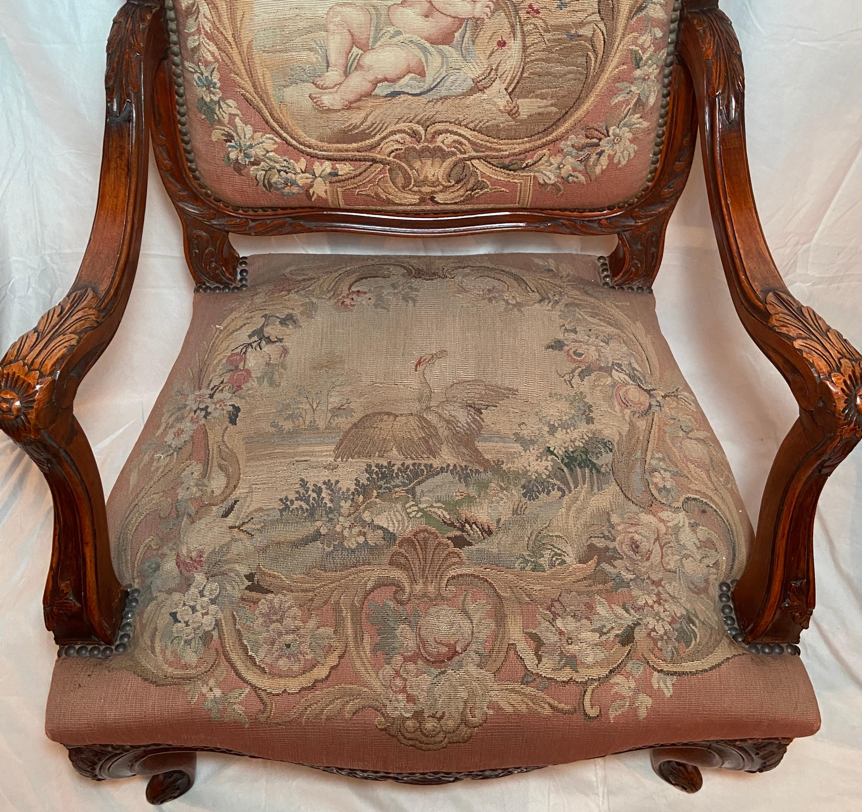 Pair Antique French Walnut Needlepoint Armchairs, Circa 1860-1870 For Sale 1