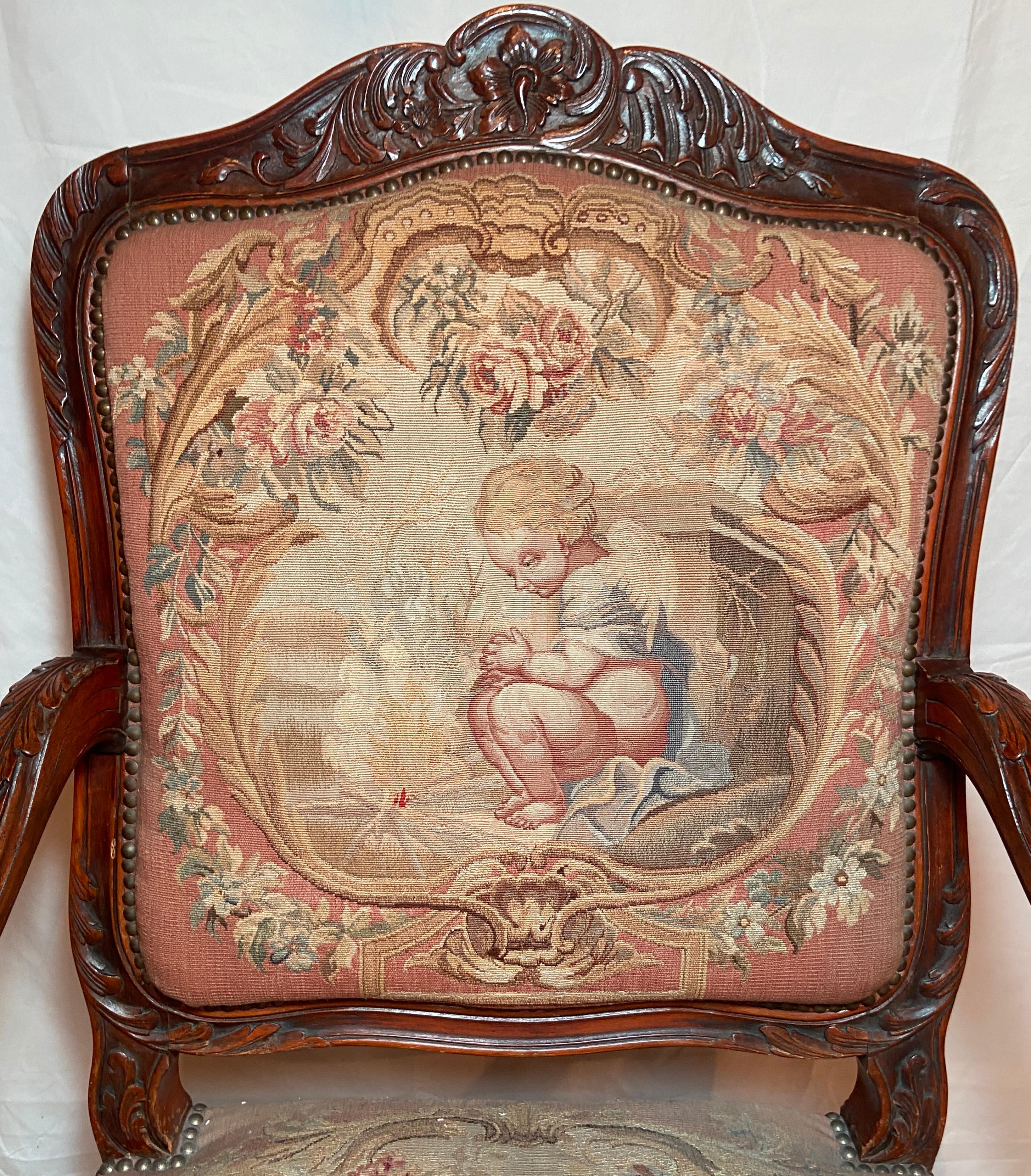 Pair Antique French Walnut Needlepoint Armchairs, Circa 1860-1870 For Sale 4