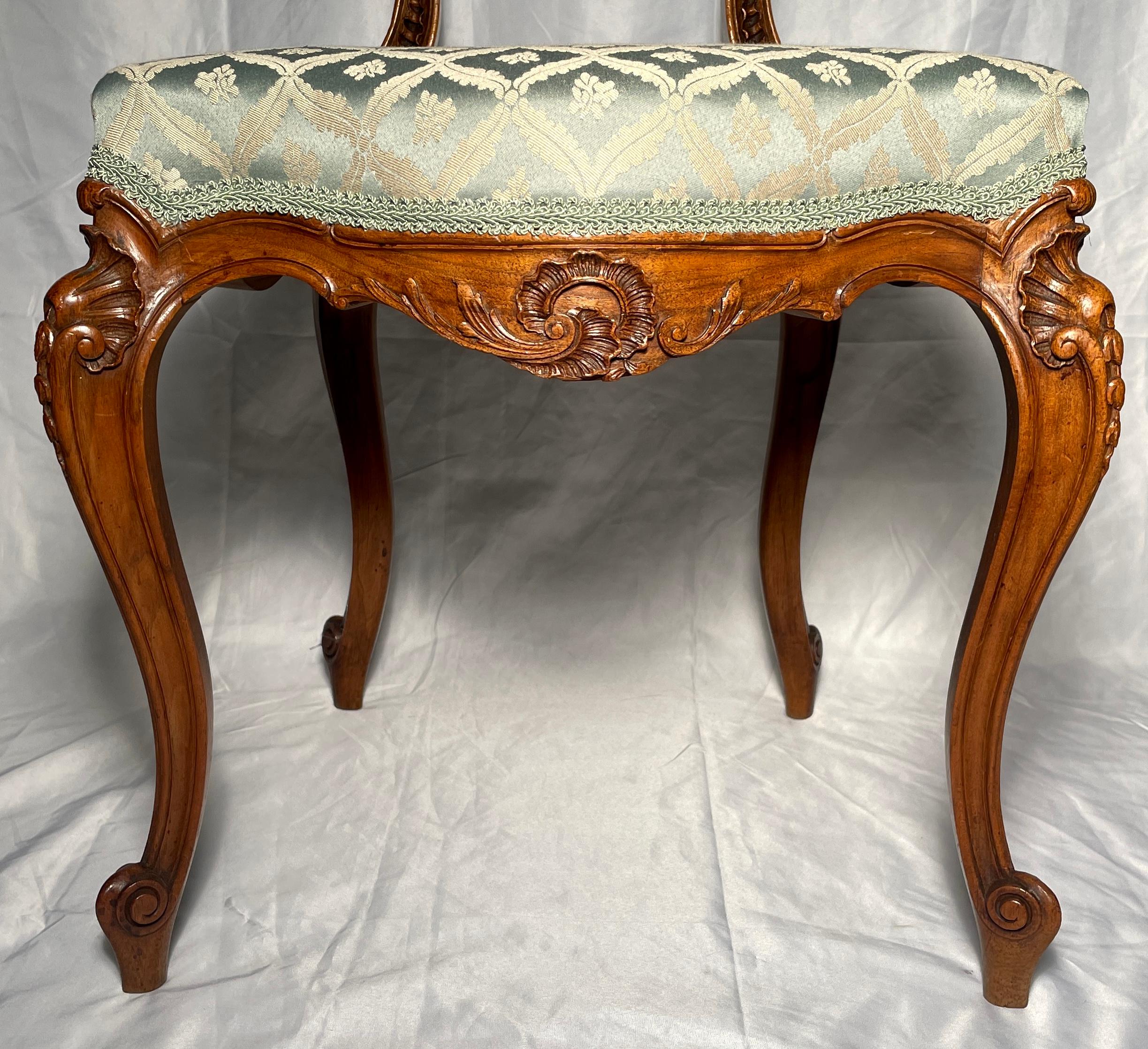 Fabric Pair Antique French Walnut Side Chairs, circa 1890