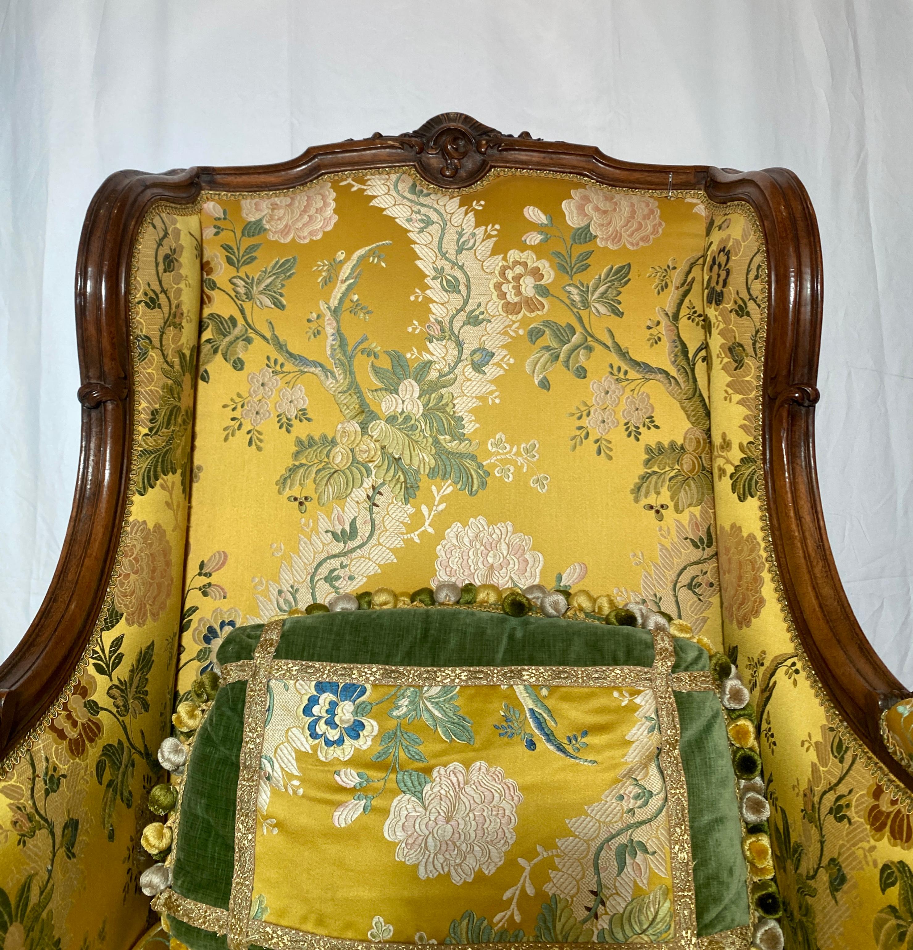 Pair Antique French Walnut Wing Chairs, Circa 1860 In Good Condition In New Orleans, LA