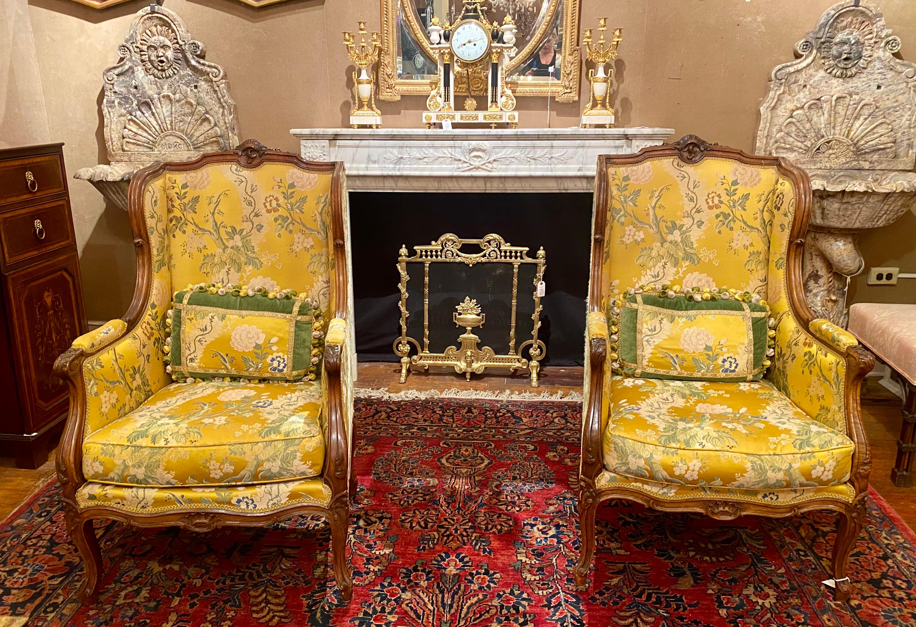 Pair Antique French Walnut Wing Chairs, Circa 1860 1
