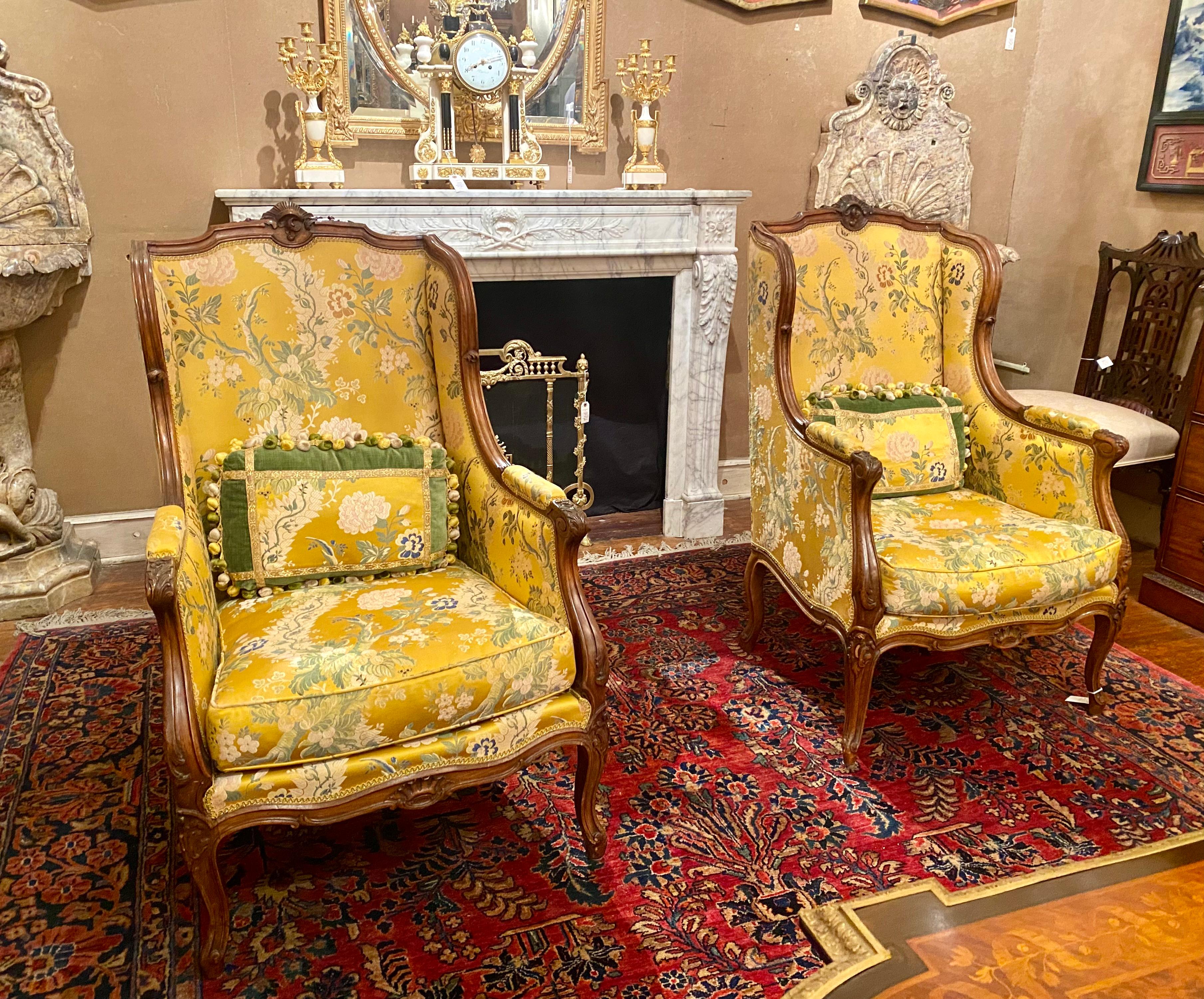 Pair Antique French Walnut Wing Chairs, Circa 1860 2