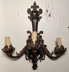 Pair Antique French Wrought Iron and Tole 3-Light Wall Sconces, Circa 1890's