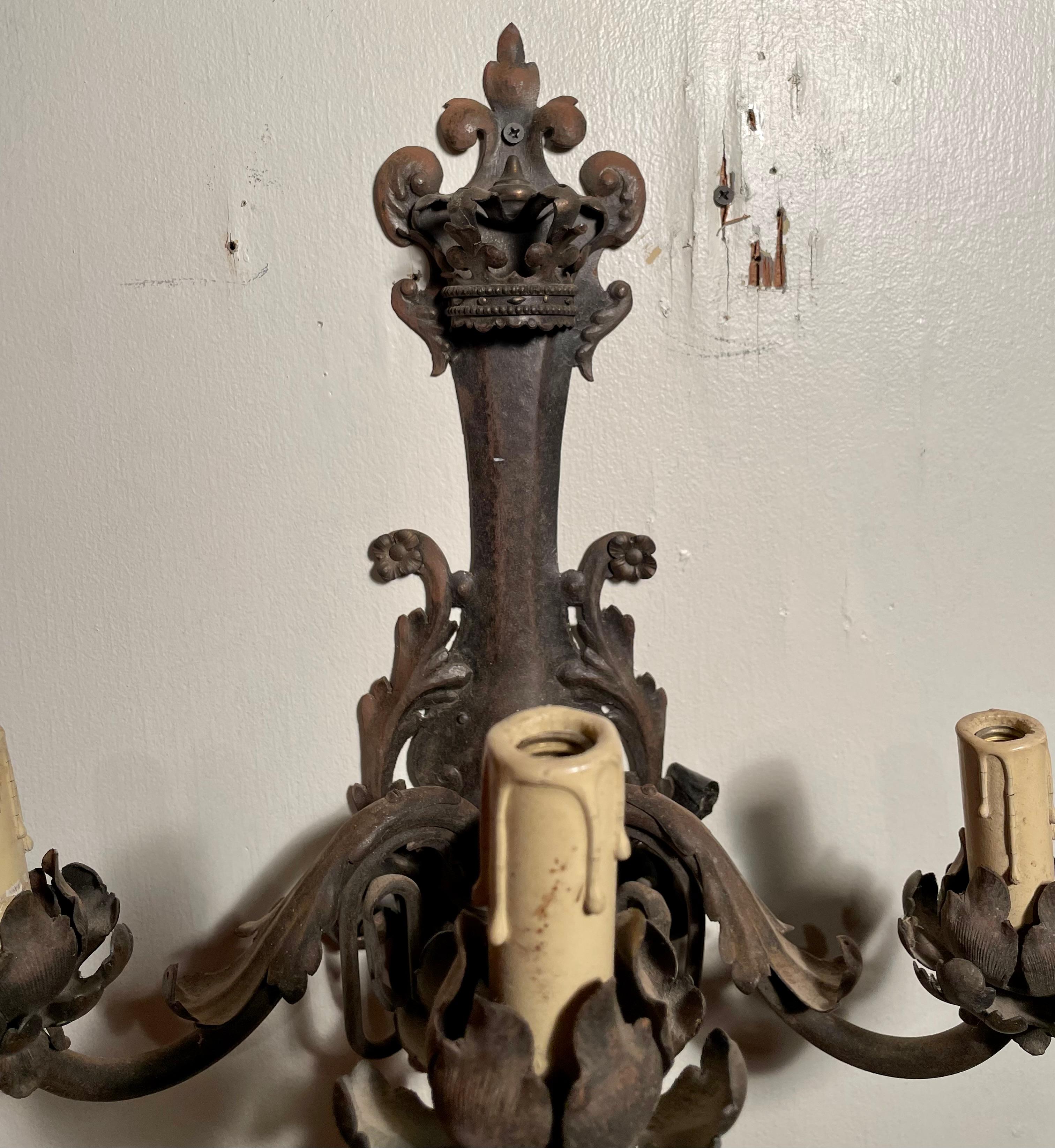 Pair Antique French Wrought Iron and Tole 3-Light Wall Sconces, Circa 1890's In Good Condition For Sale In New Orleans, LA