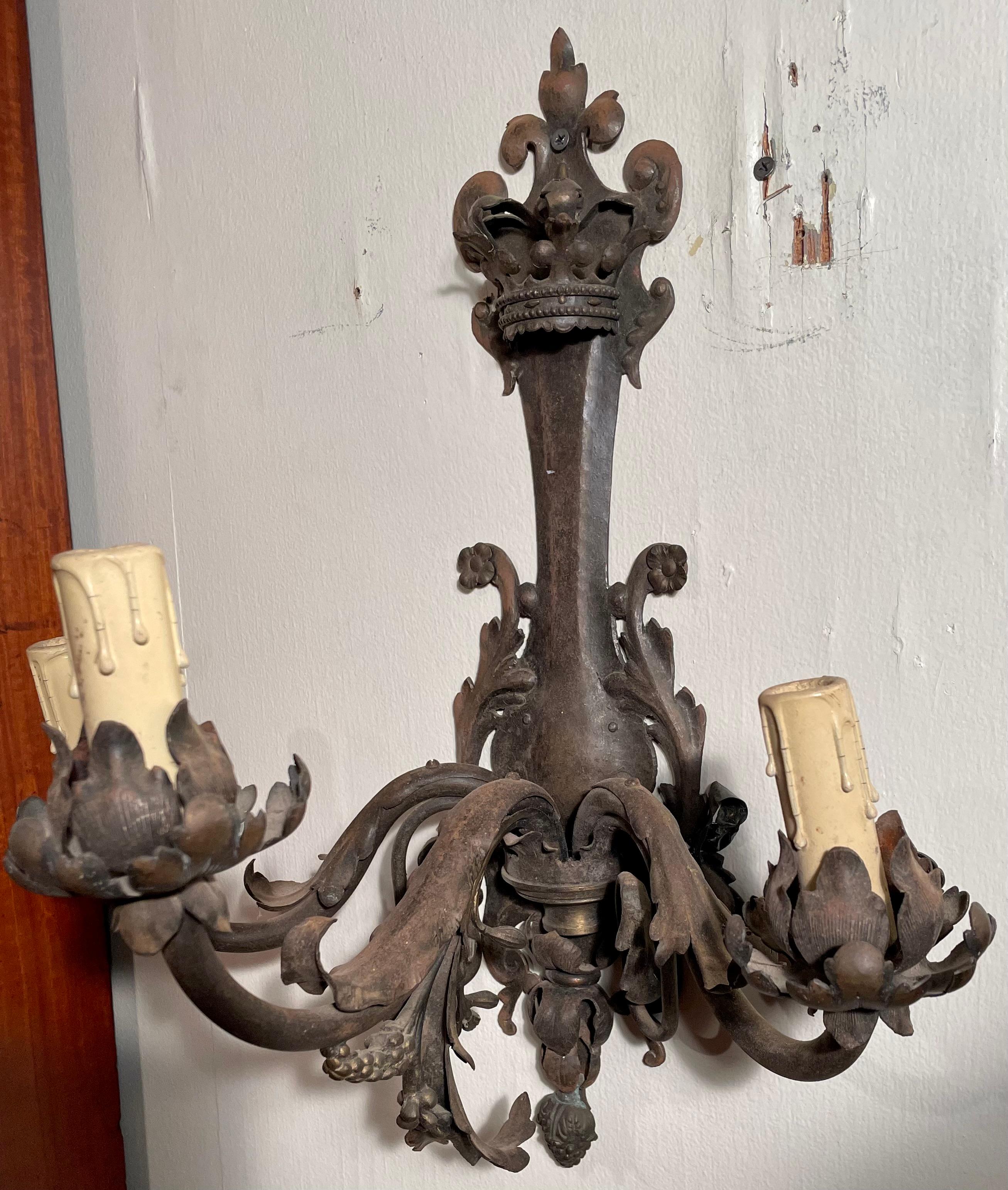 19th Century Pair Antique French Wrought Iron and Tole 3-Light Wall Sconces, Circa 1890's For Sale