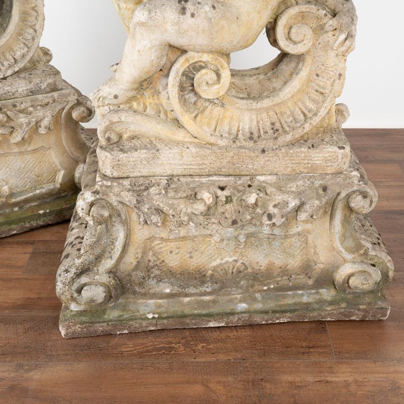 Pair, Antique Garden Cherub Putti Statues with Flowers and Grapes For Sale 3