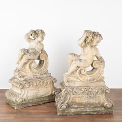 Pair, Antique Garden Cherub Putti Statues with Flowers and Grapes