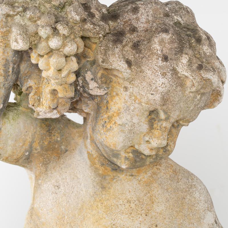 Pair, Antique Garden Cherub Putti Statues with Flowers and Grapes In Good Condition For Sale In Round Top, TX