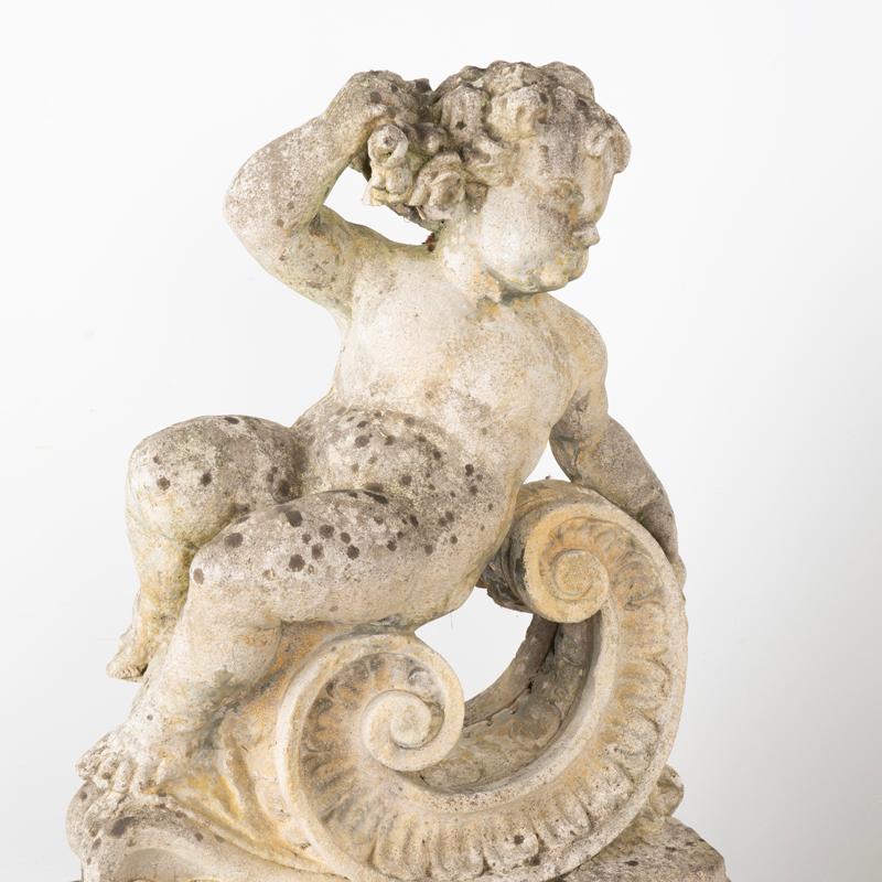 Pair, Antique Garden Cherub Putti Statues with Flowers and Grapes For Sale 1