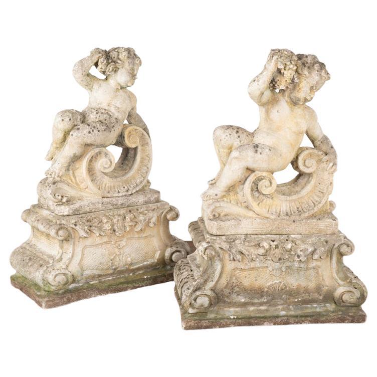 Pair, Antique Garden Cherub Putti Statues with Flowers and Grapes