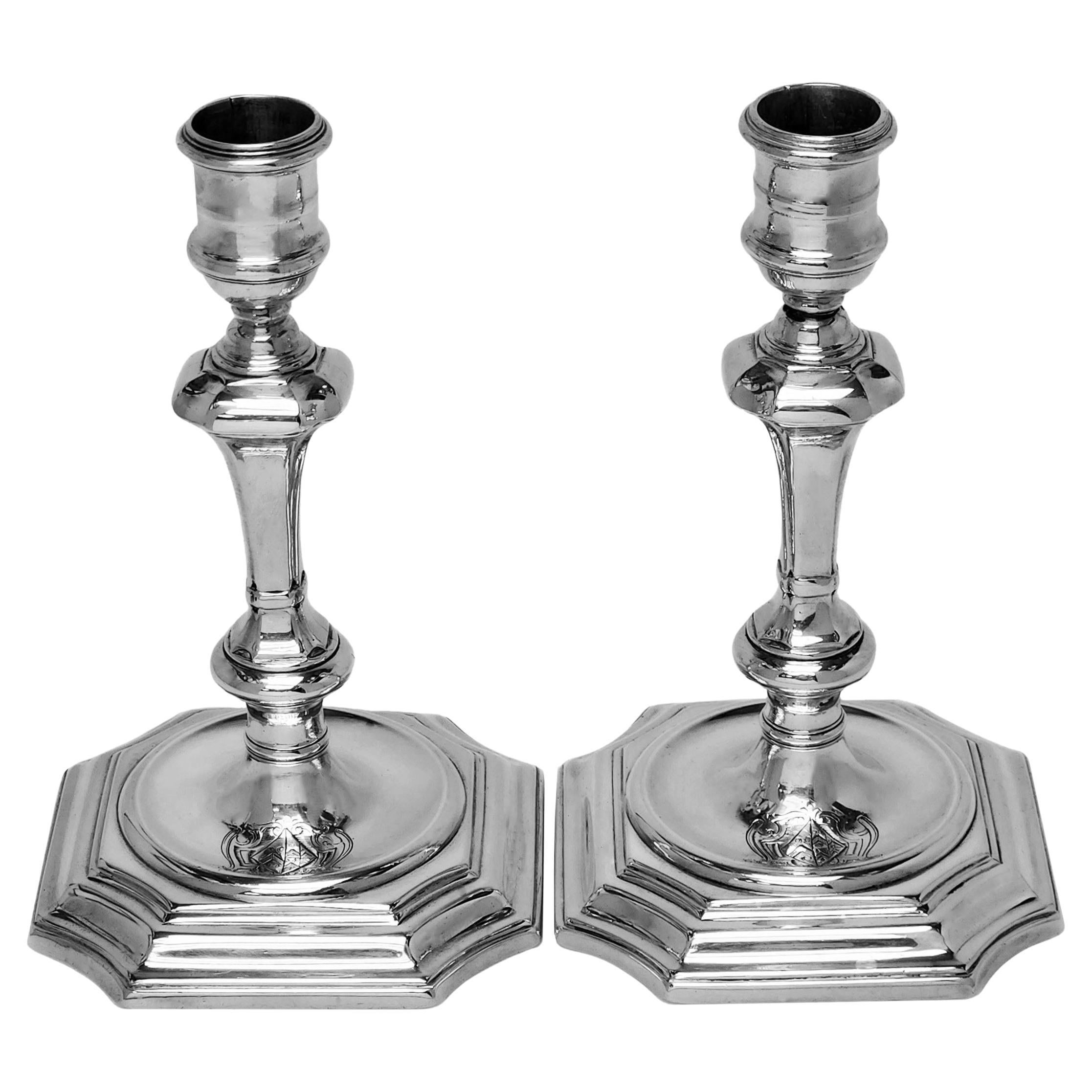 Pair Antique George I Cast Silver Candlesticks 1724 18th Century Georgian