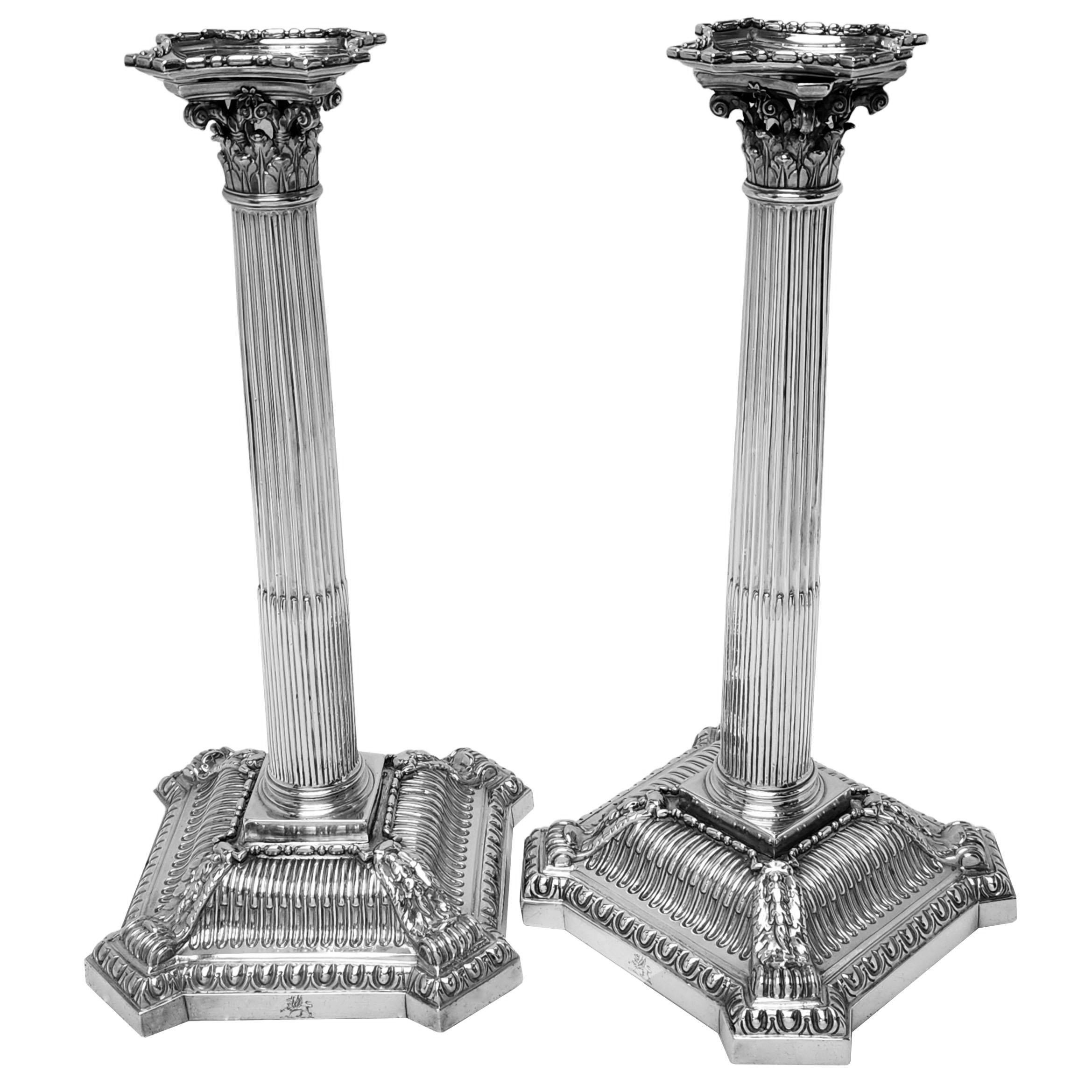 English Pair Antique George II Sterling Silver Corinthian Column Candlesticks 1756 For Sale