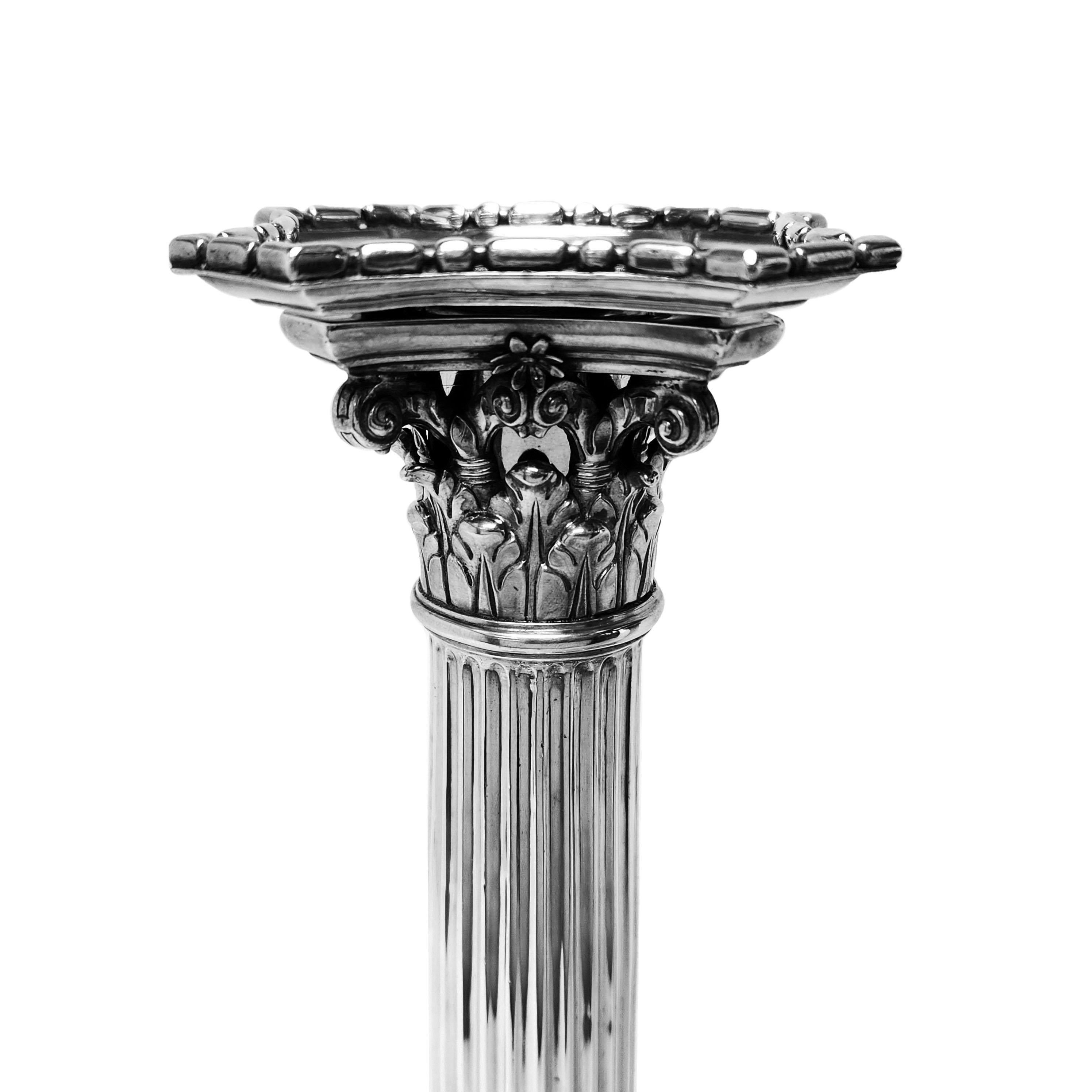 Pair Antique George II Sterling Silver Corinthian Column Candlesticks 1756 In Good Condition For Sale In London, GB
