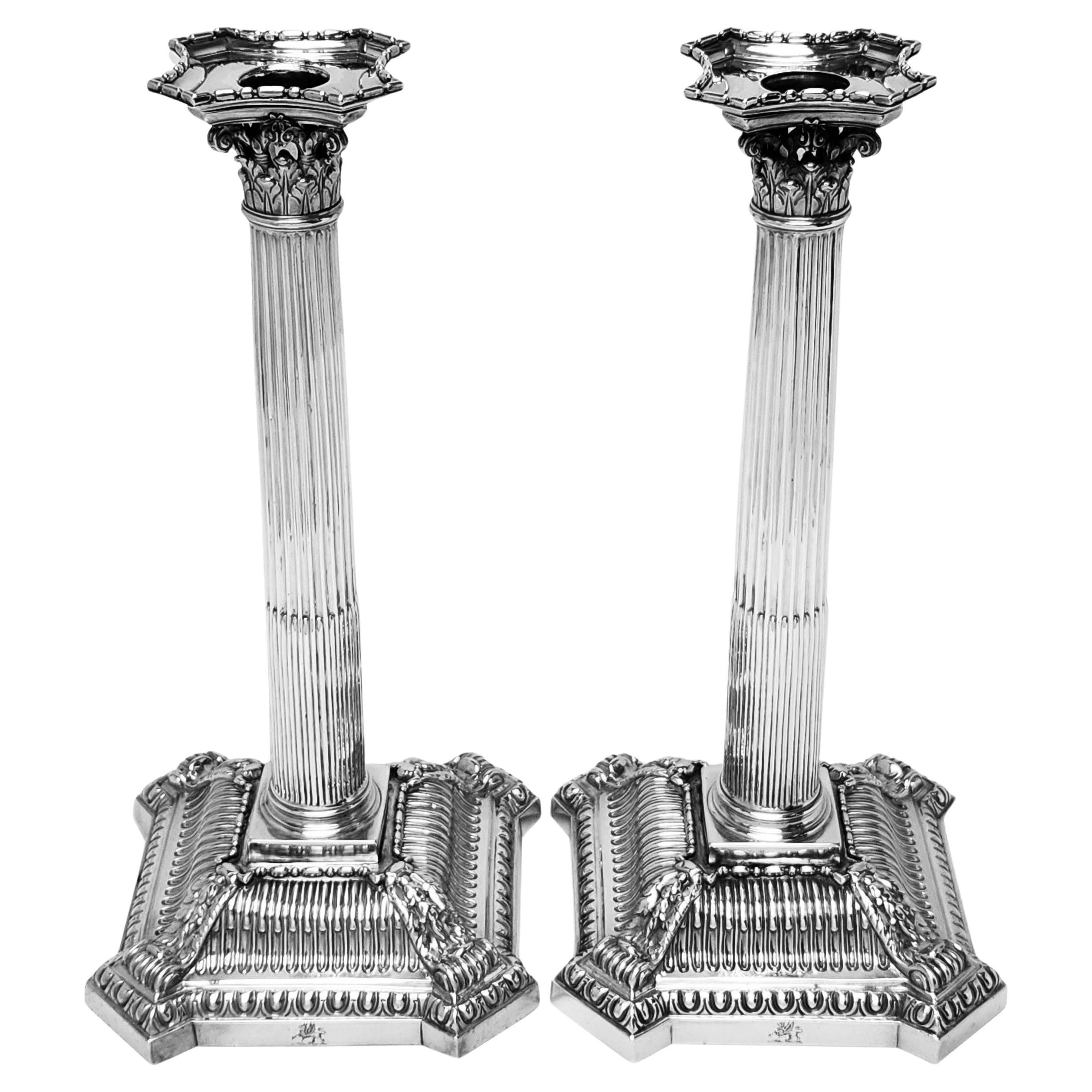 Pair Antique George II Sterling Silver Corinthian Column Candlesticks 1756 For Sale