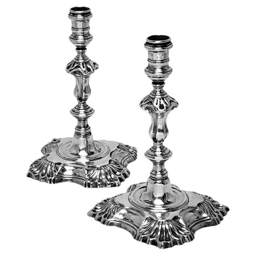 Pair Antique George II Sterling Silver Taper Sticks / Candlesticks London 1744