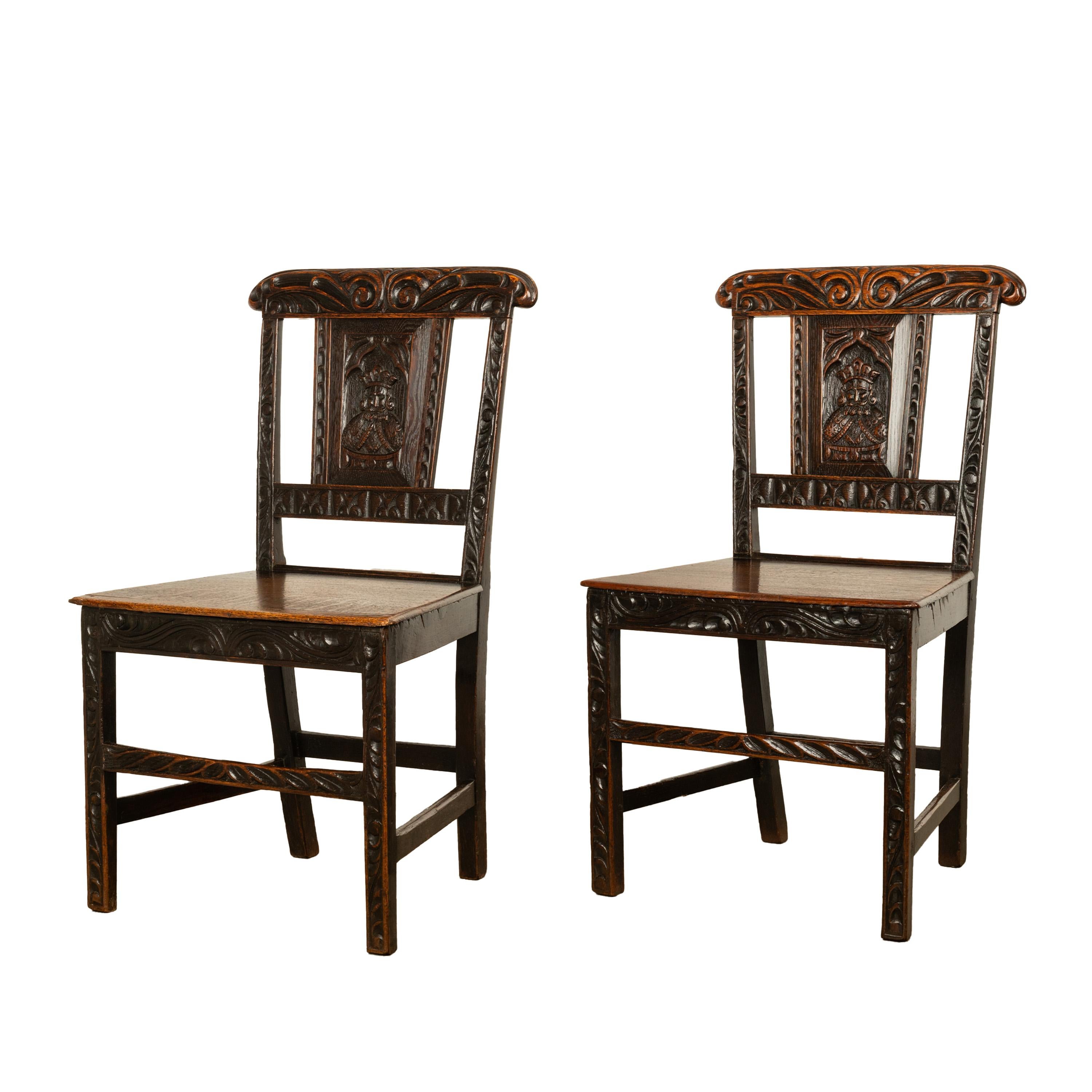 Pair Antique Georgian Carved Oak Country Medieval Side Chairs King's Head 1760 For Sale 5