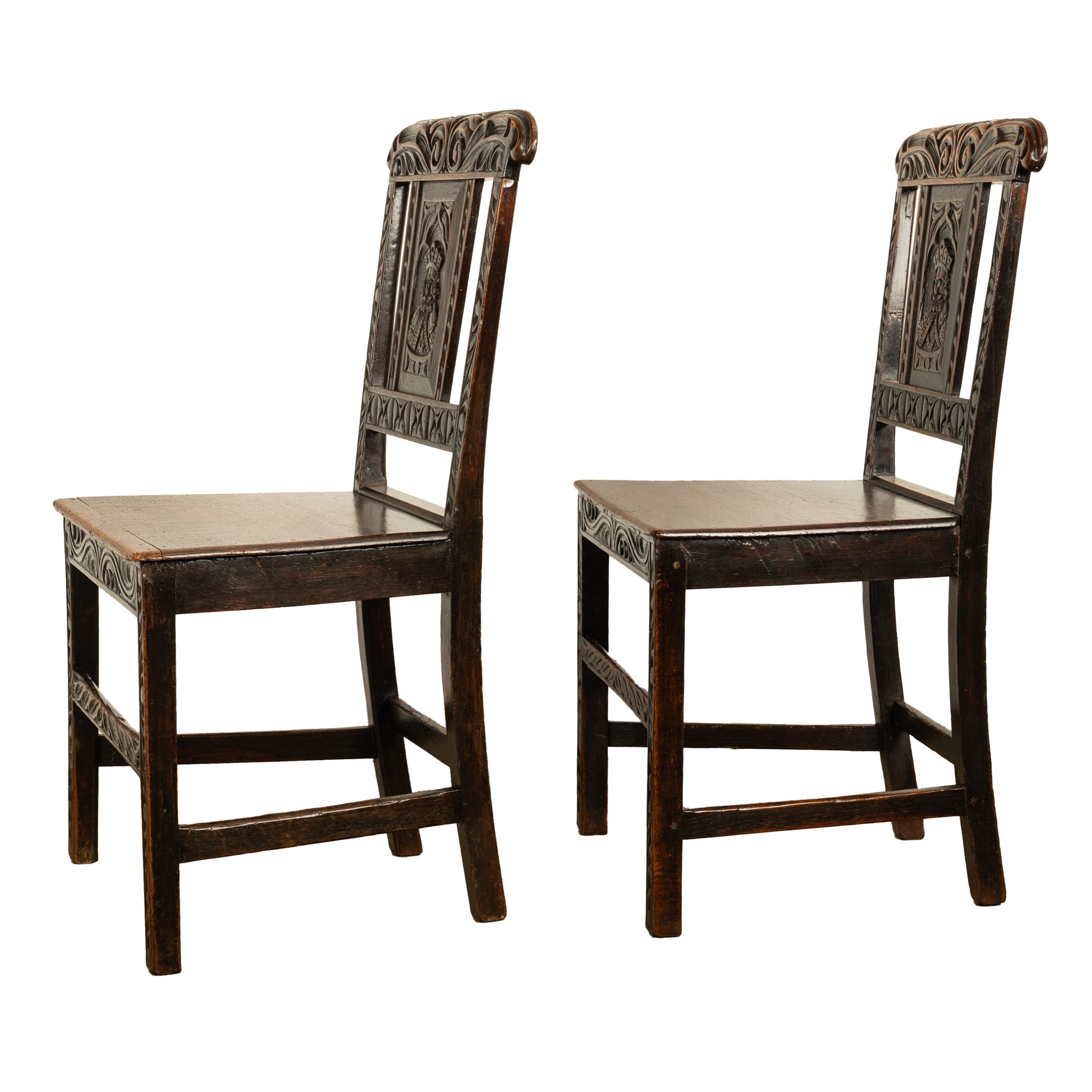 Pair Antique Georgian Carved Oak Country Medieval Side Chairs King's Head 1760 For Sale 6