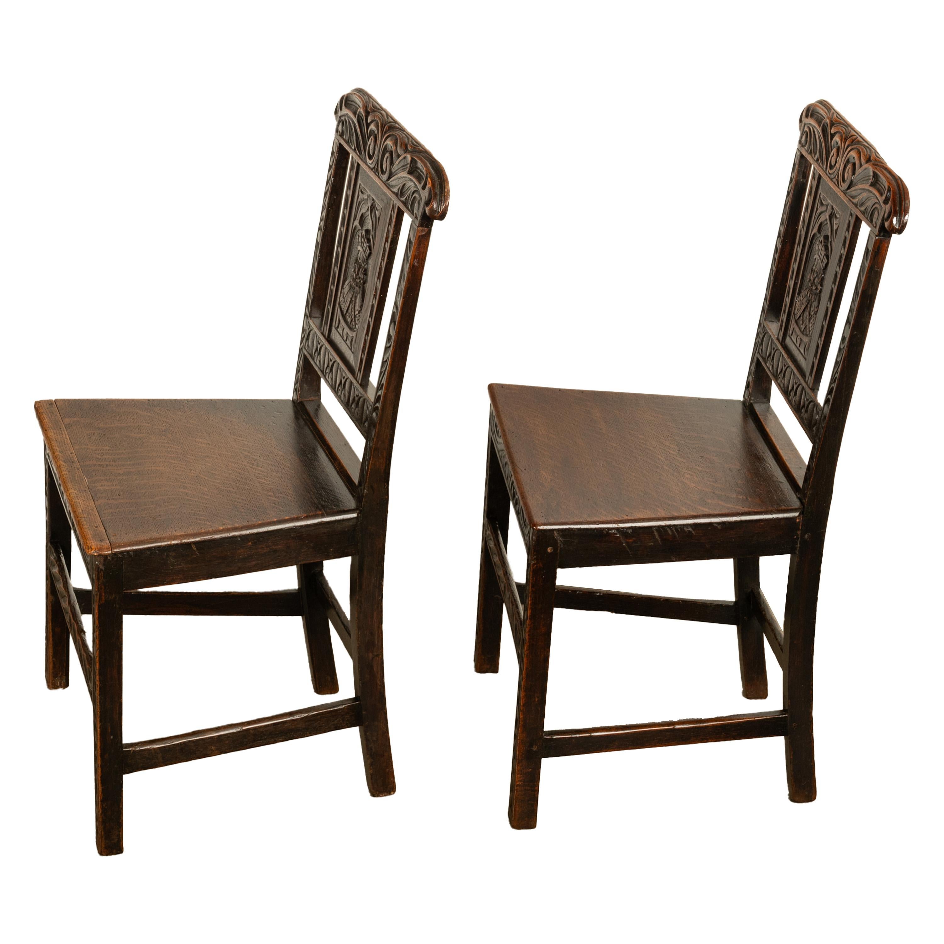 Pair Antique Georgian Carved Oak Country Medieval Side Chairs King's Head 1760 7