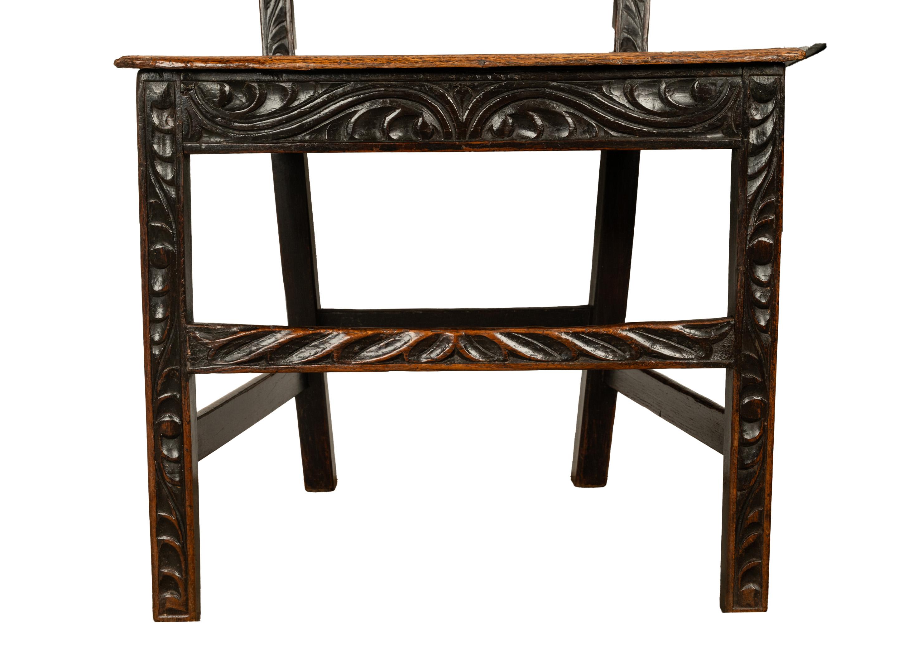 Pair Antique Georgian Carved Oak Country Medieval Side Chairs King's Head 1760 For Sale 10
