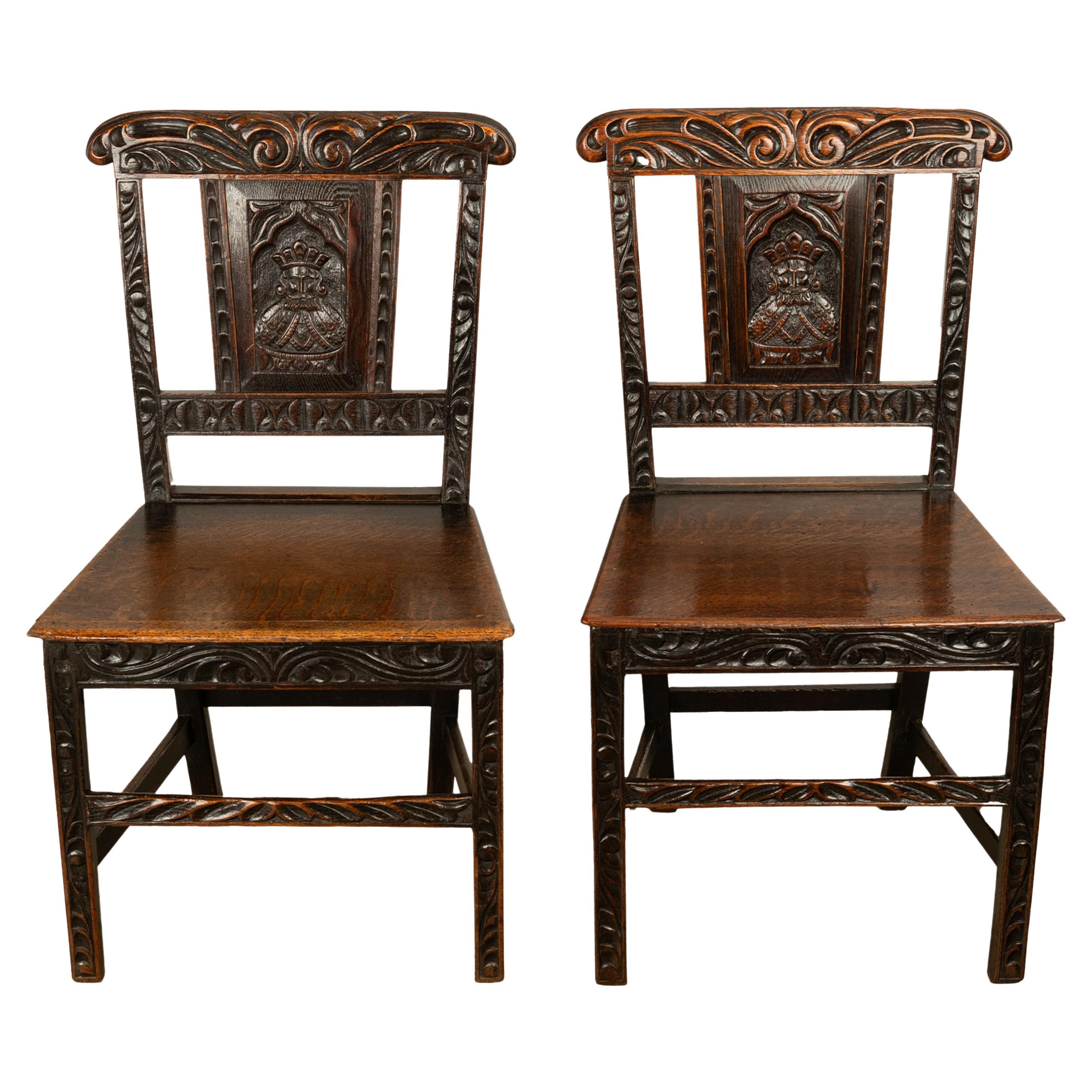 Pair Antique Georgian Carved Oak Country Medieval Side Chairs King's Head 1760 For Sale