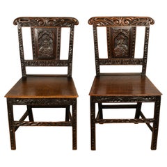 Pair Antique Georgian Carved Oak Country Medieval Side Chairs King's Head 1760