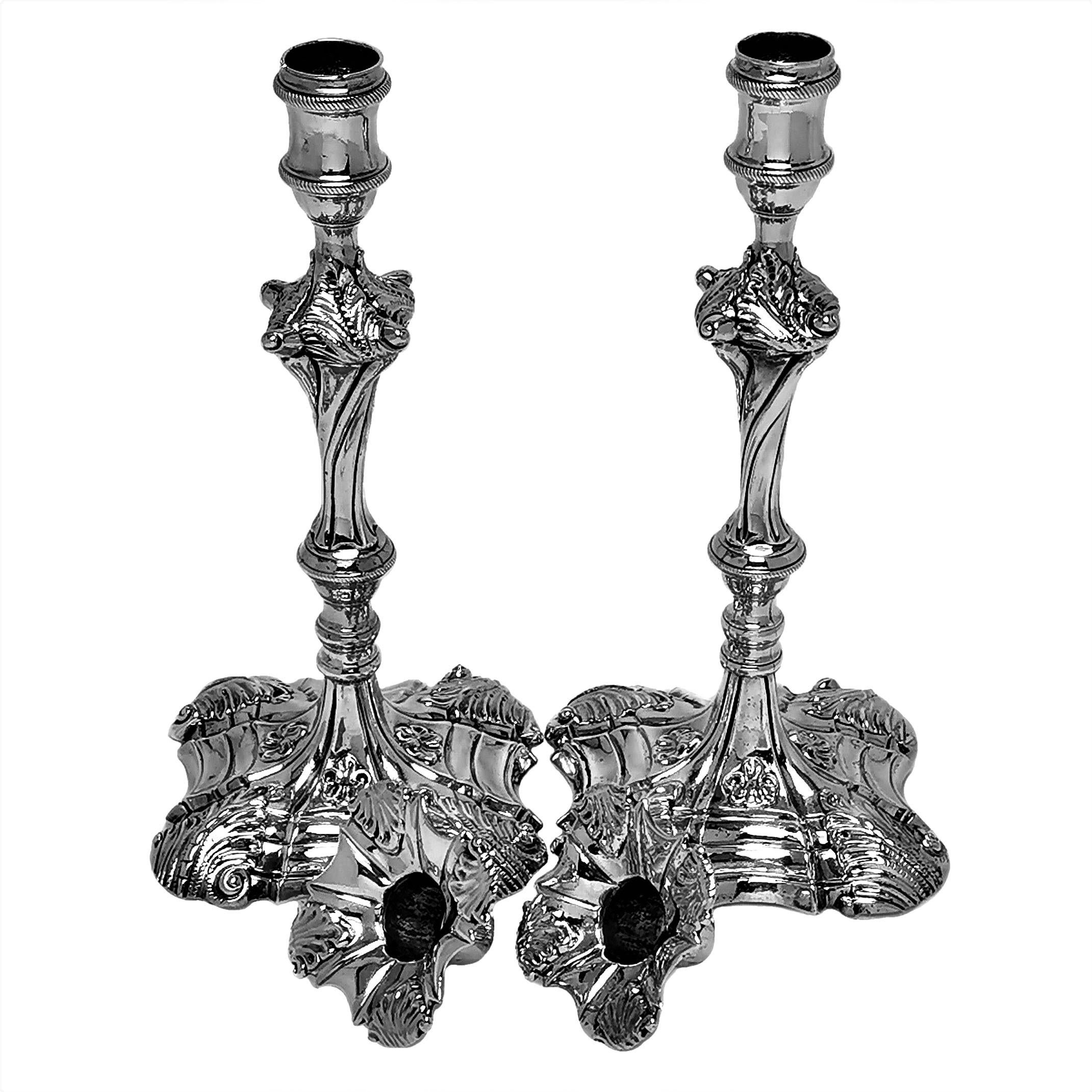 Pair Antique Georgian Cast Sterling Silver Candlesticks, 1765 In Good Condition In London, GB