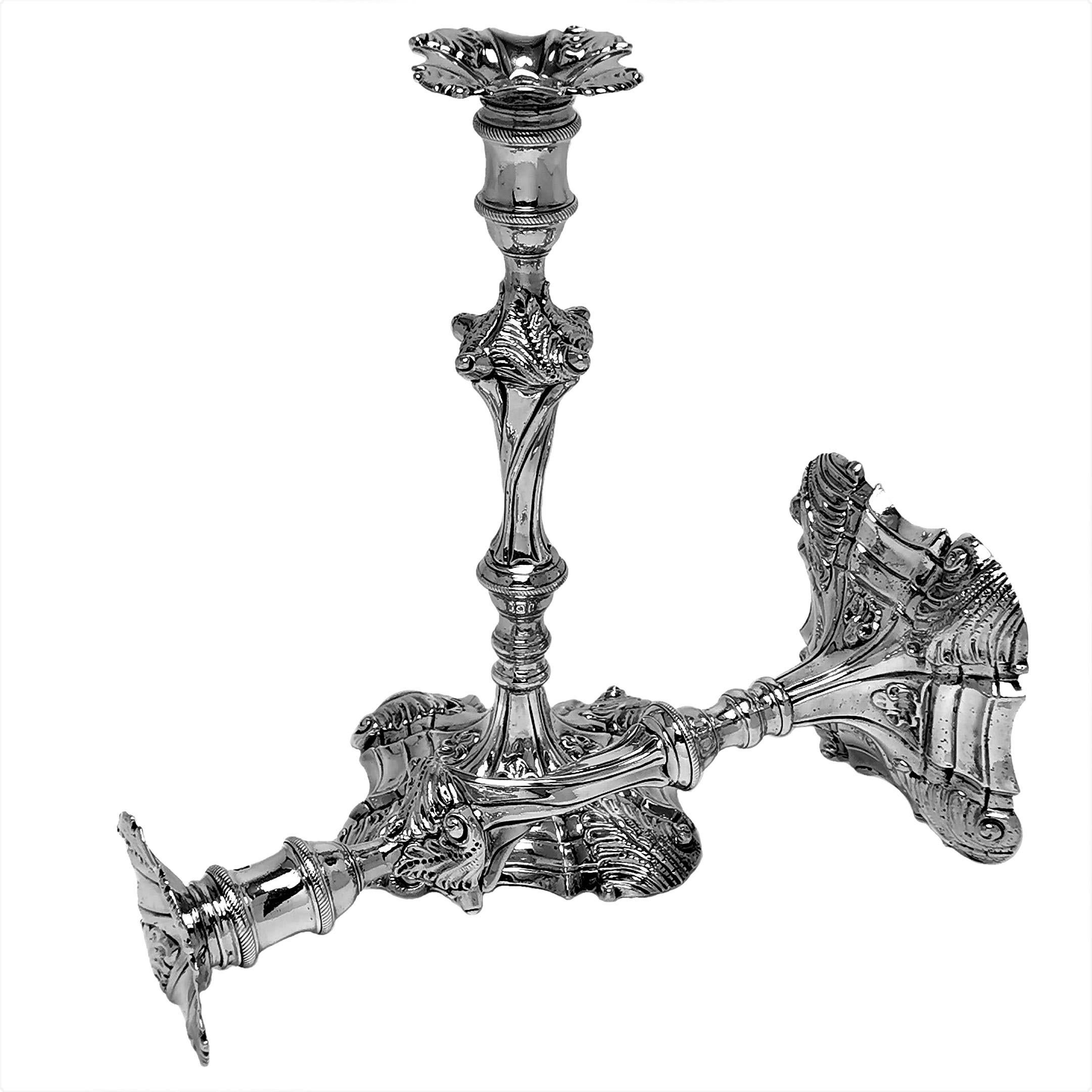 18th Century and Earlier Pair Antique Georgian Cast Sterling Silver Candlesticks, 1765