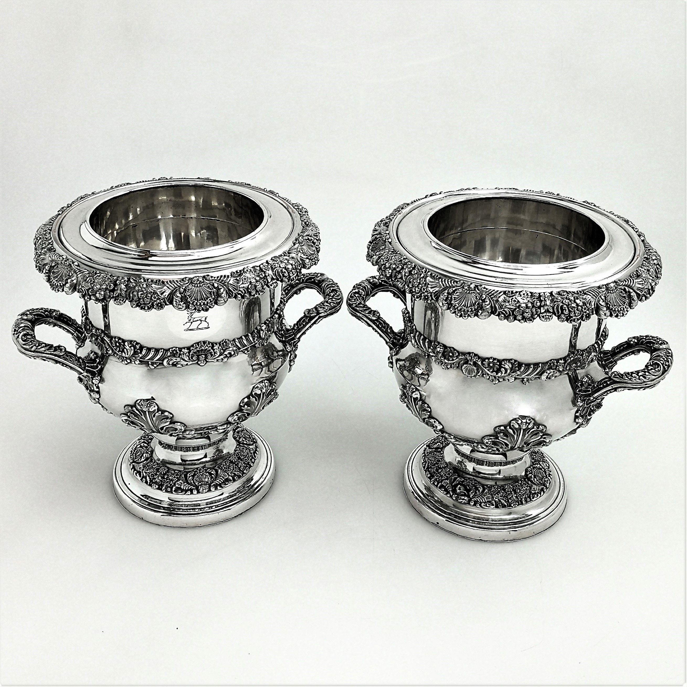 English Antique Georgian Old Sheffield Plate Wine Coolers c. 1825 Silver Plate  Pair