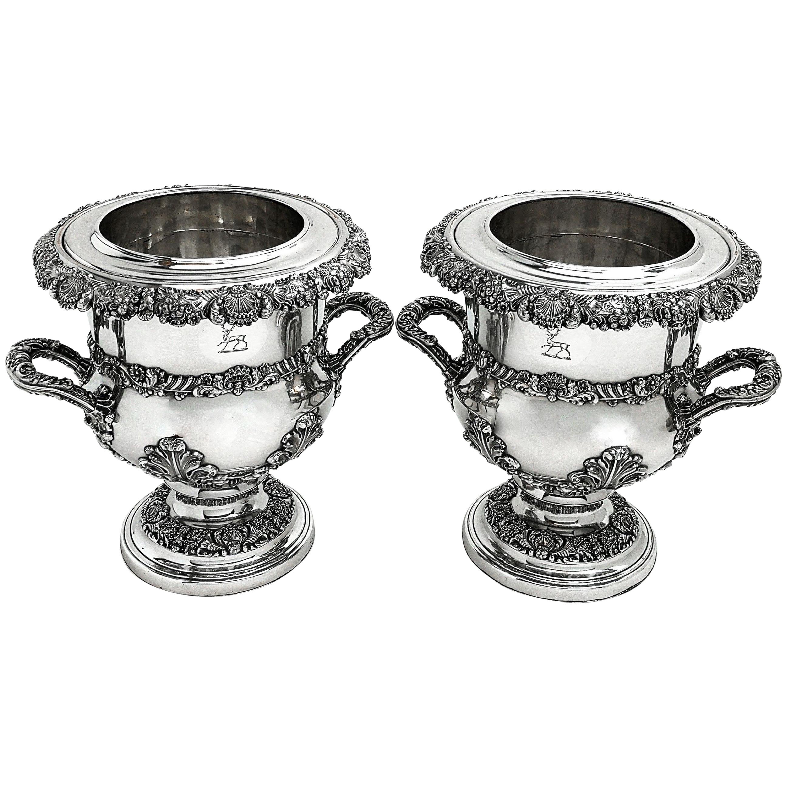 Antique Georgian Old Sheffield Plate Wine Coolers c. 1825 Silver Plate  Pair