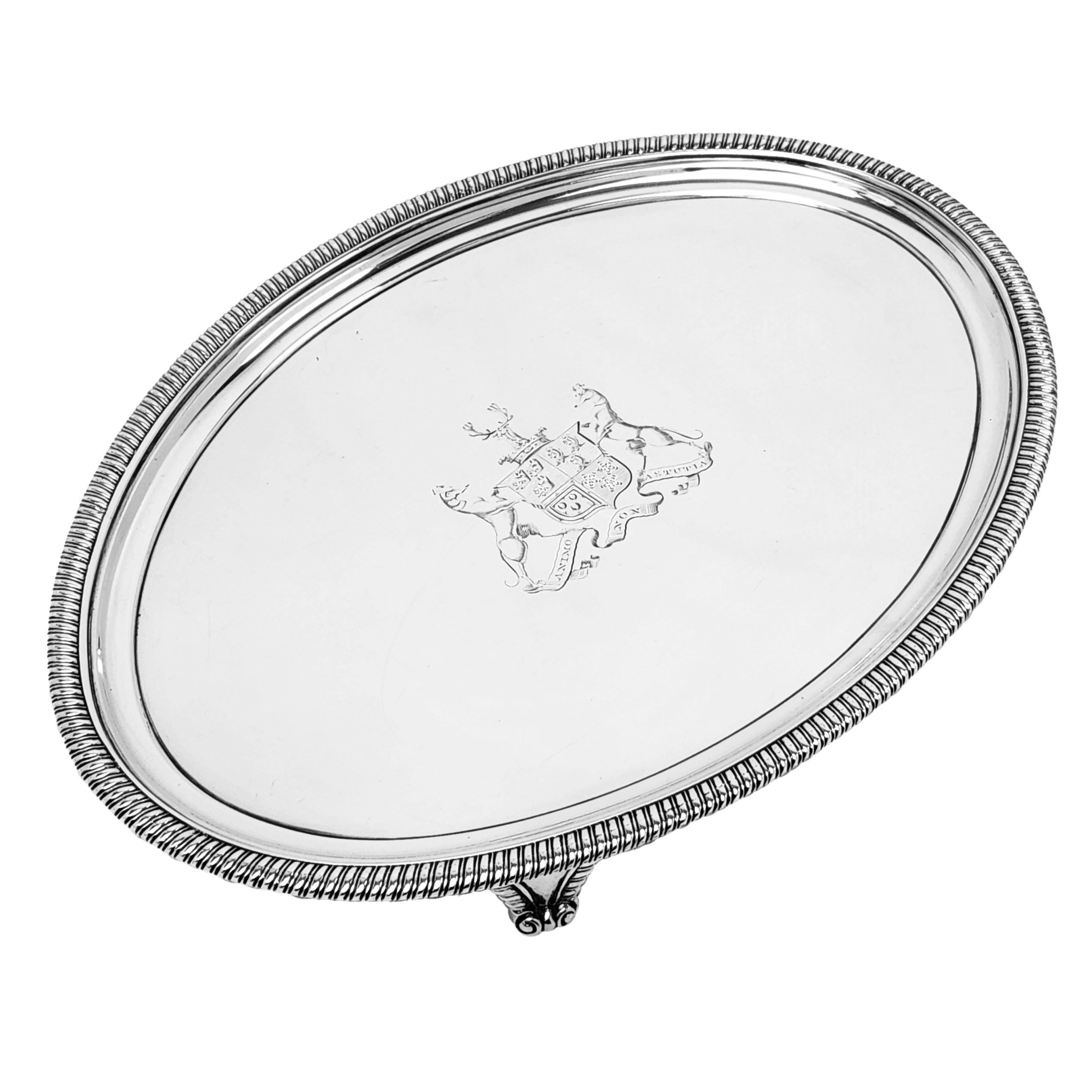 English Pair Antique Georgian Oval Silver Salvers / Waiters / Trays 1806 For Sale
