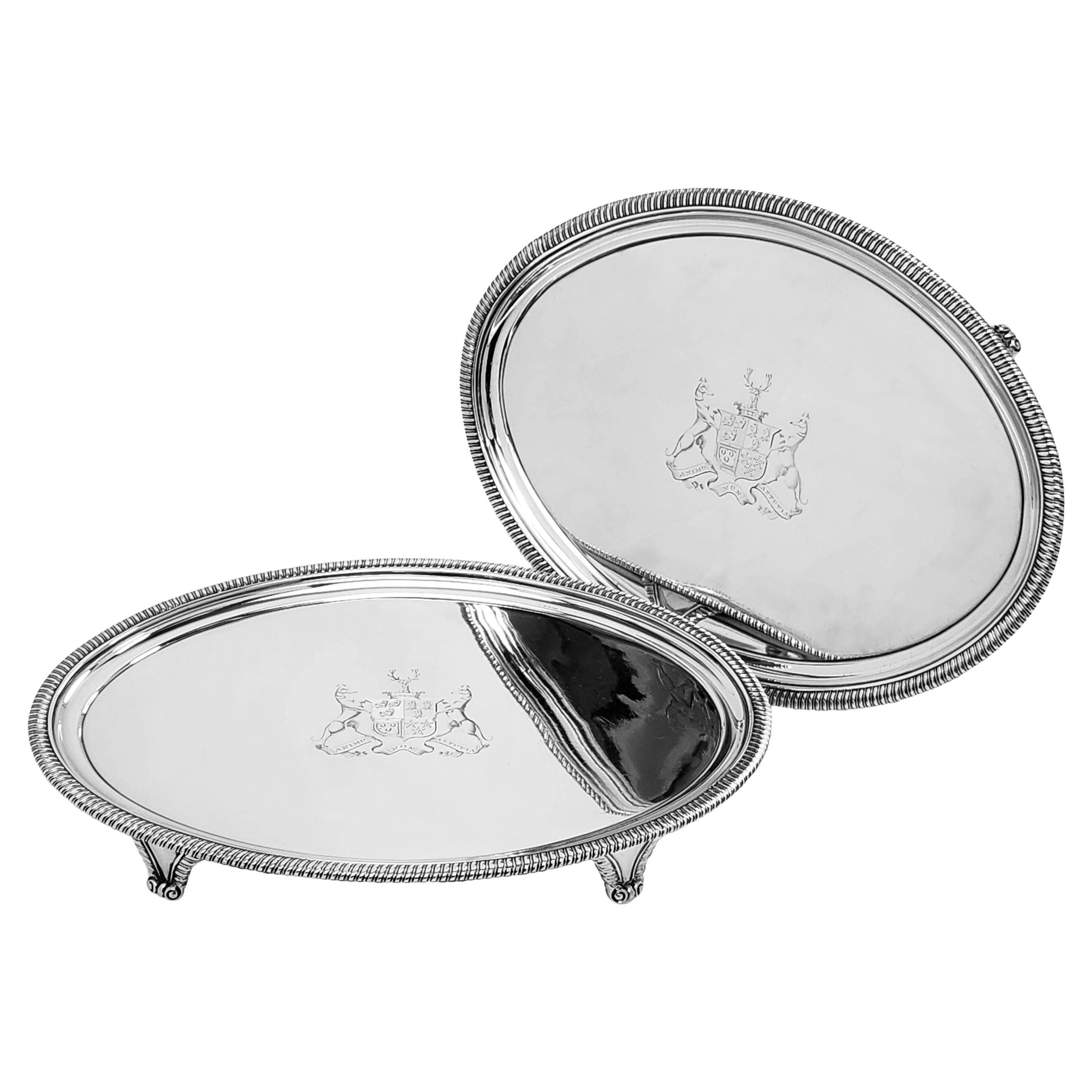 Pair Antique Georgian Oval Silver Salvers / Waiters / Trays 1806 For Sale