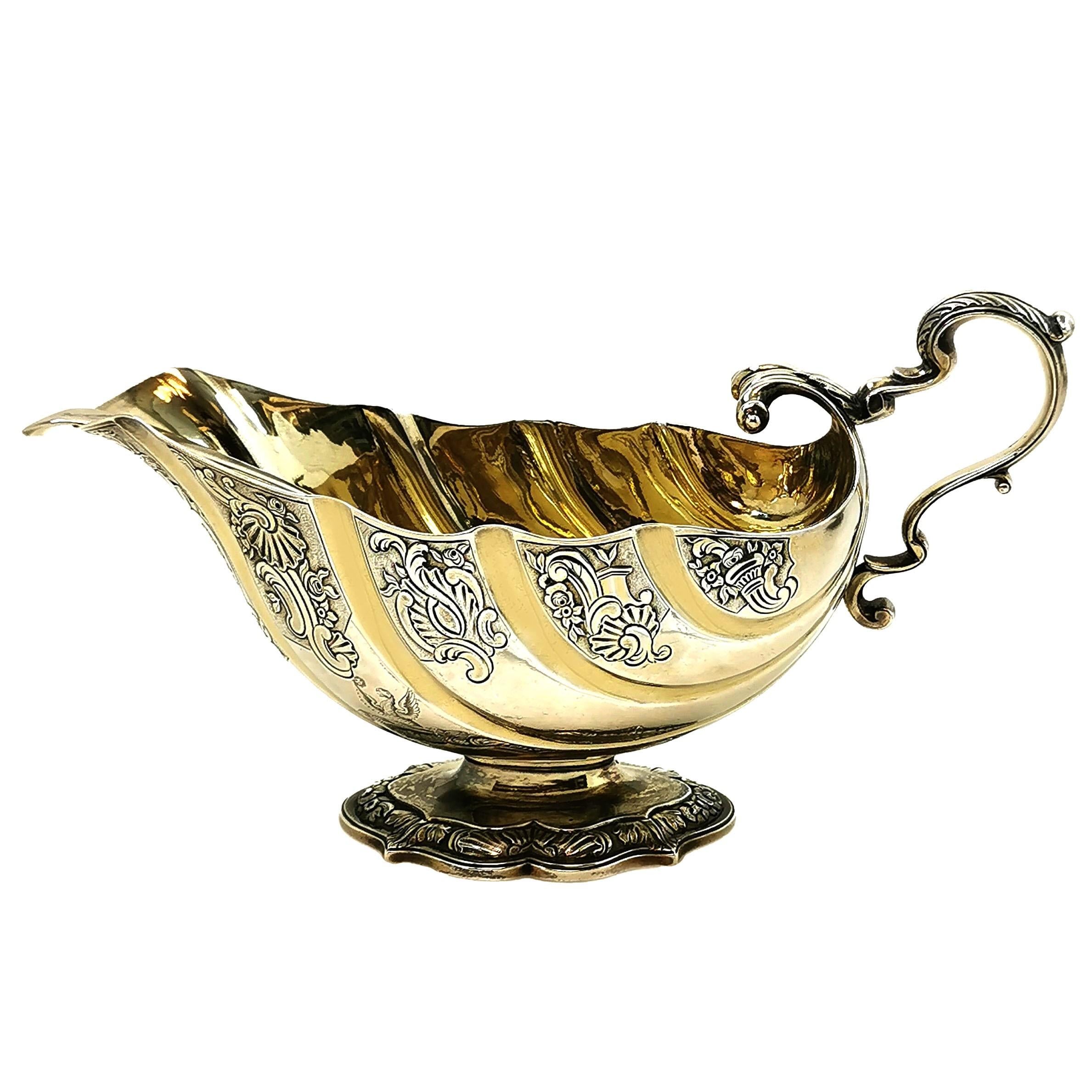 Sterling Silver Pair Antique Georgian Rococo Revival Silver Sauce Boats Gravy Jugs Ladles, 1809 For Sale