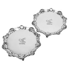 Pair Antique Georgian Round Silver Salvers Waiters 1767