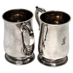 Pair Antique Georgian Sterling Silver Pint Beer Mugs / Tankards 1780