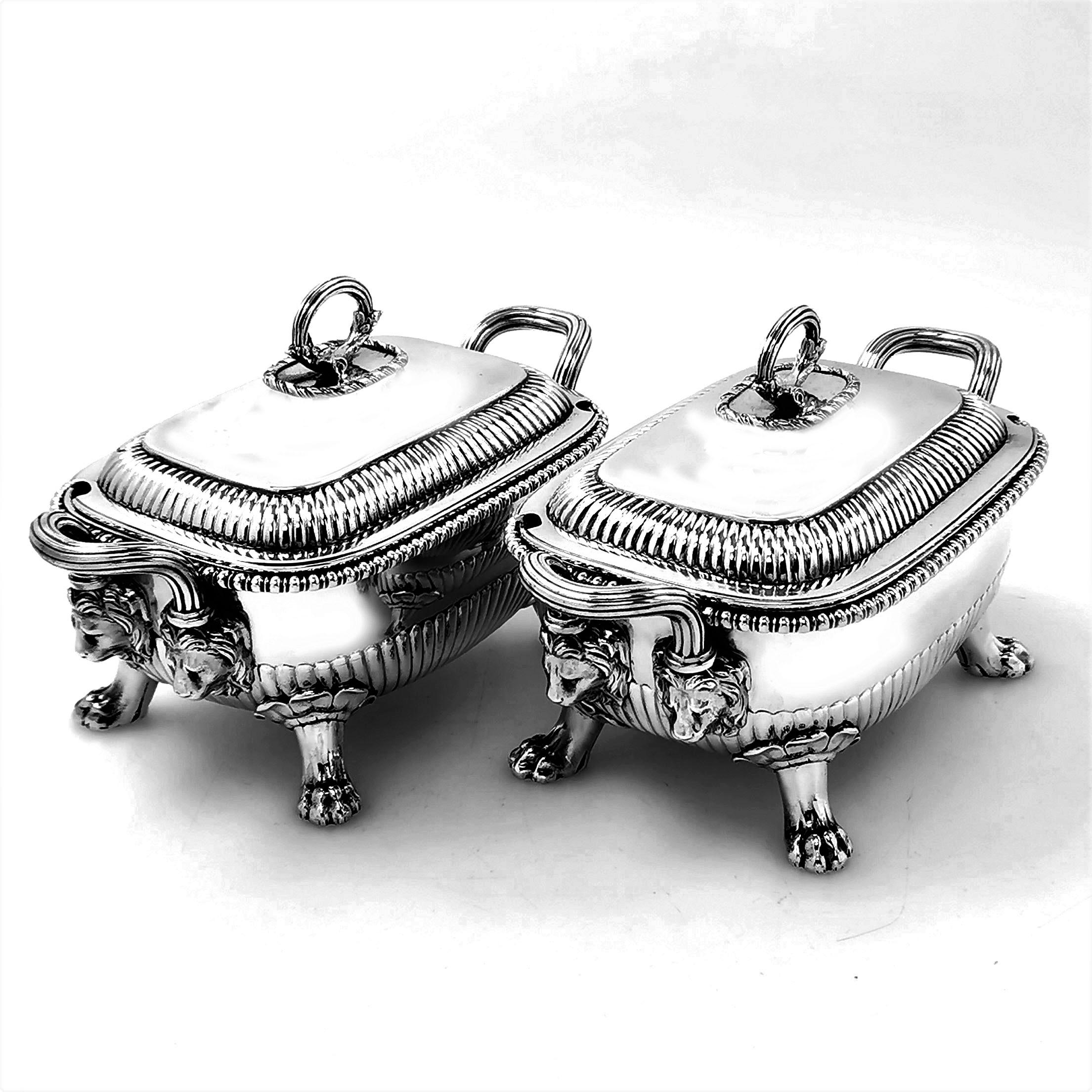 English Pair of Antique Georgian Sterling Silver Sauce Tureens, 1810