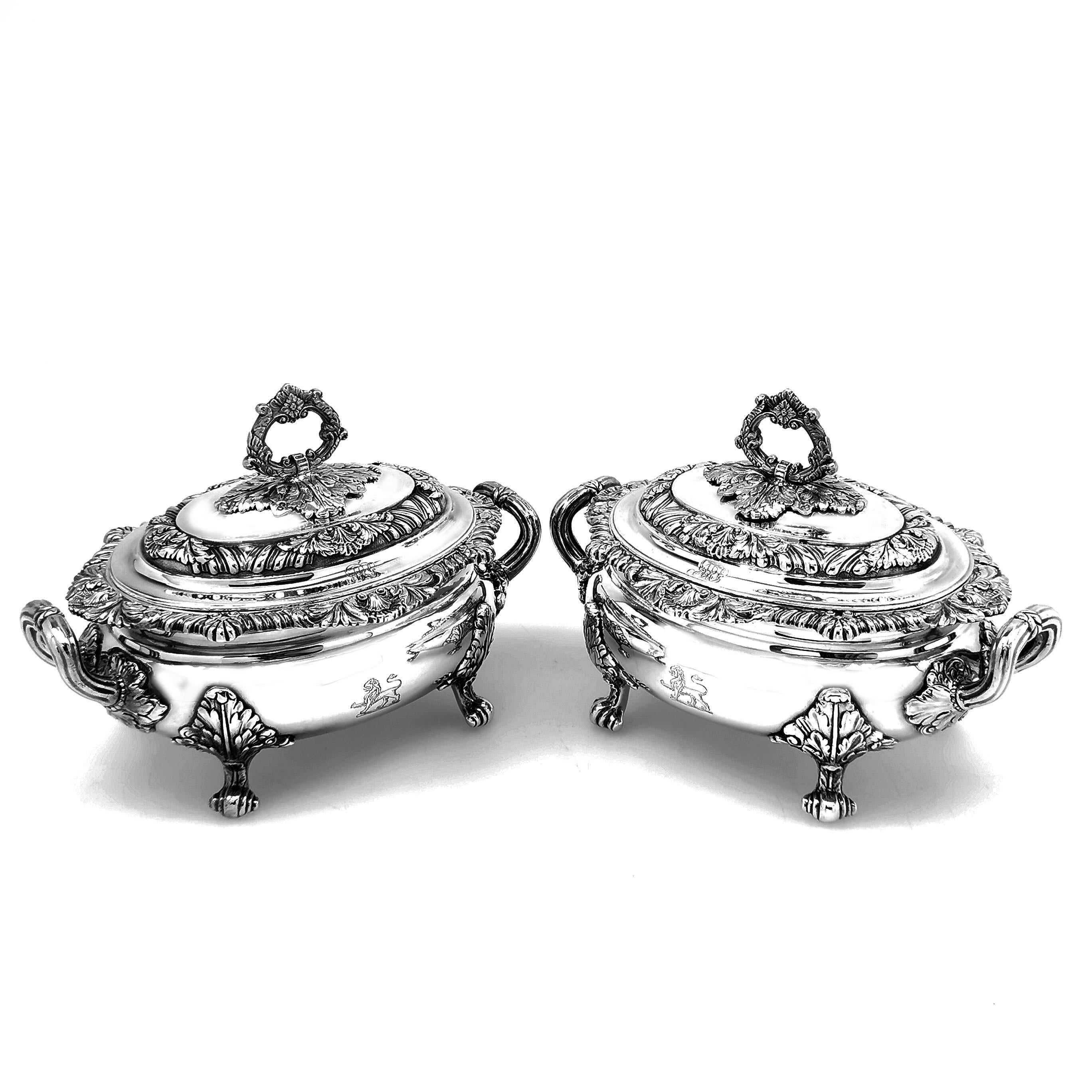English Pair of Antique Georgian Sterling Silver Sauce Tureens, 1821