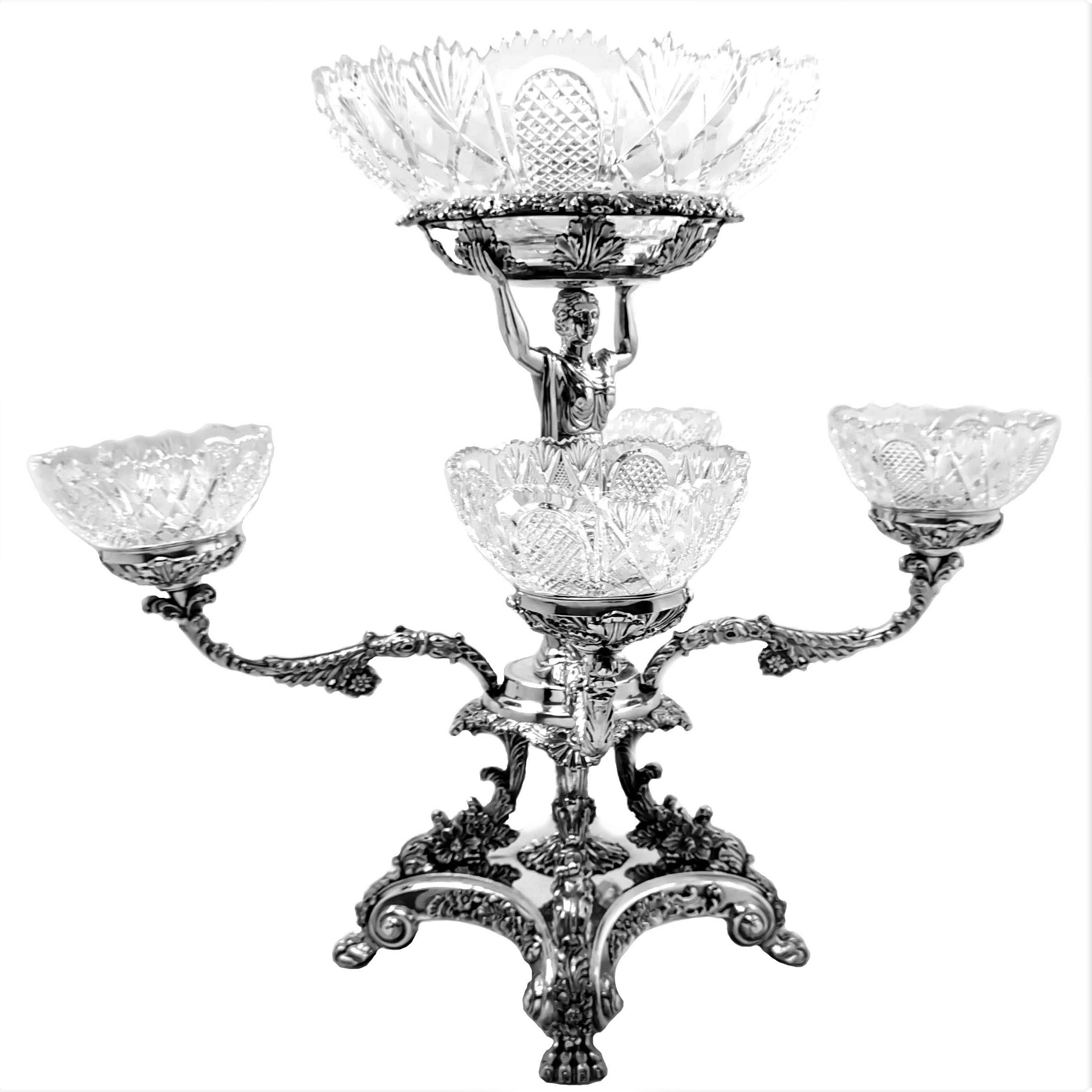 Pair Antique Georgian Sterling Silver Sheffield Plate Epergnes Centrepieces 1824 In Good Condition For Sale In London, GB