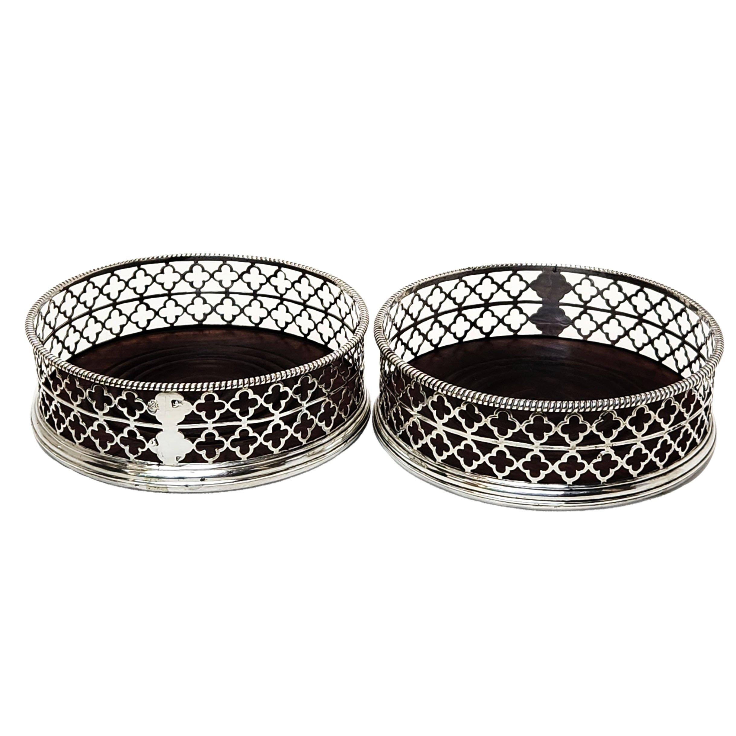 Pair Antique Georgian Sterling Silver Wine Bottle Coasters 1786 In Good Condition For Sale In London, GB