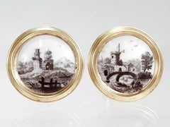 Pair Antique Georgian Turned Brass & Battersea / Bilston Enamel Curtain Tiebacks