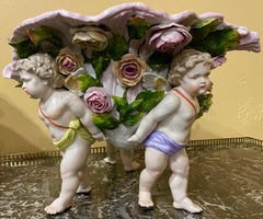 Pair Antique German Dresden Porcelain Conch Shell & Cherub Centerpieces, Ca 1890