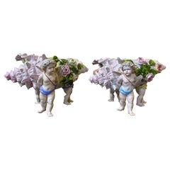 Pair Antique German Dresden Porcelain Conch Shell & Cherub Centerpieces, Ca 1890