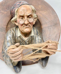 Pair Antique German Enamel Carved Wall Plaques "Knitting Couple" Circa 1890-1910