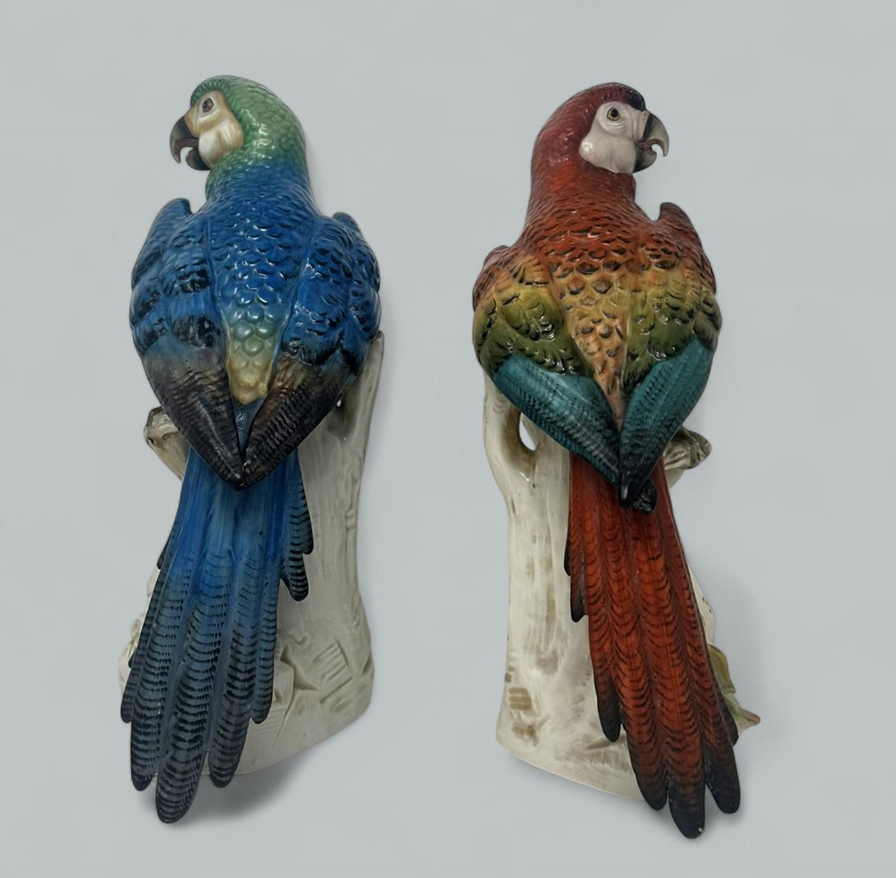 Ein Paar antike deutsche Porzellanvögel, Parakeets, Kockrels, Kockatoos, Papageien, 19 Karat (Viktorianisch)