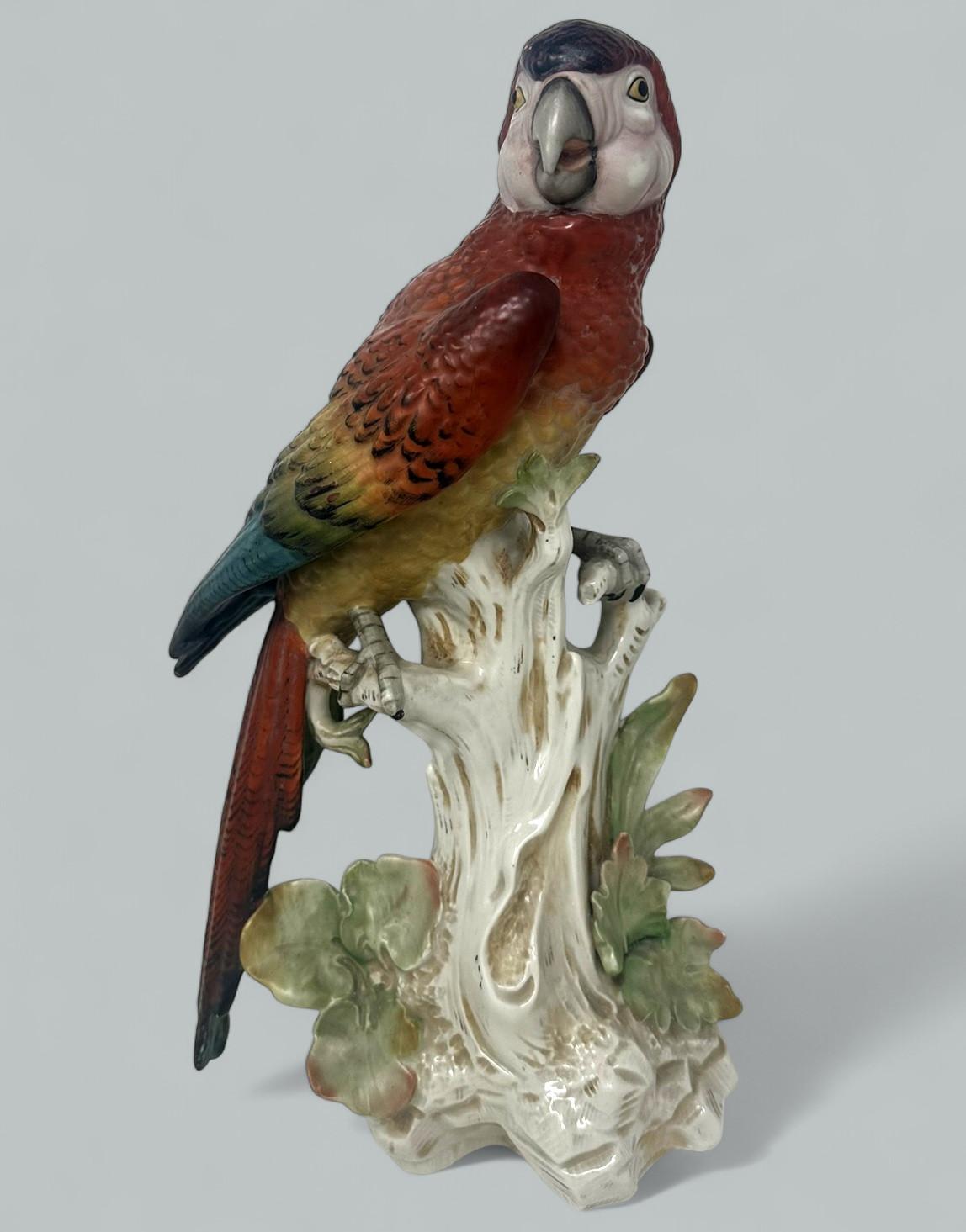 Ein Paar antike deutsche Porzellanvögel, Parakeets, Kockrels, Kockatoos, Papageien, 19 Karat (Handbemalt)