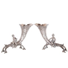 Pair Antique German Repoussé 800 Silver Cornucopia Cherub Vases Hanau 1890