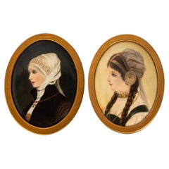 Paire d'anciennes plaques de portraits de mariées en porcelaine allemande signée KPM, peintes à la main 1890