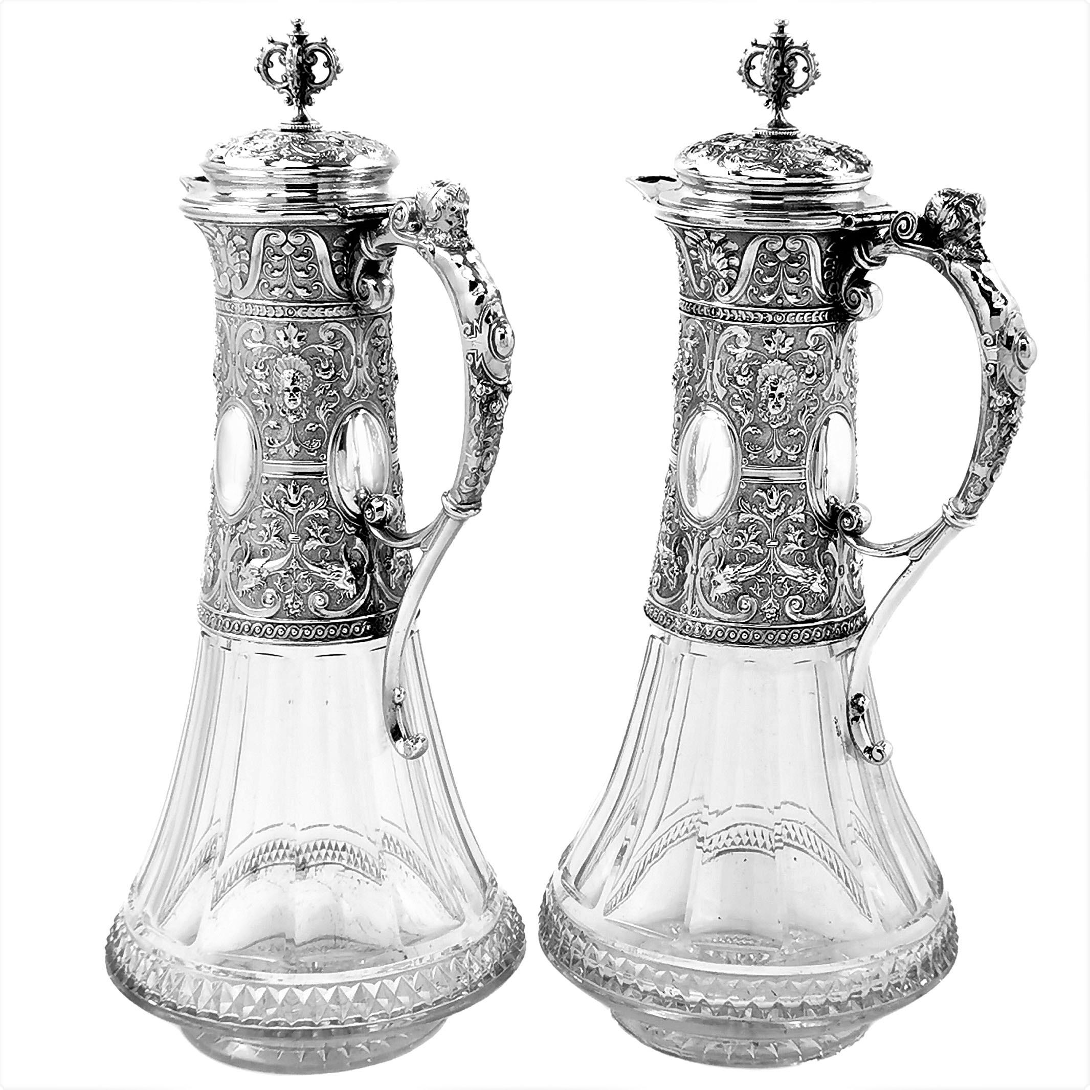 Pair Antique German Silver & Cut Glass Claret Jugs / Wine Decanters, c 1880 In Good Condition In London, GB