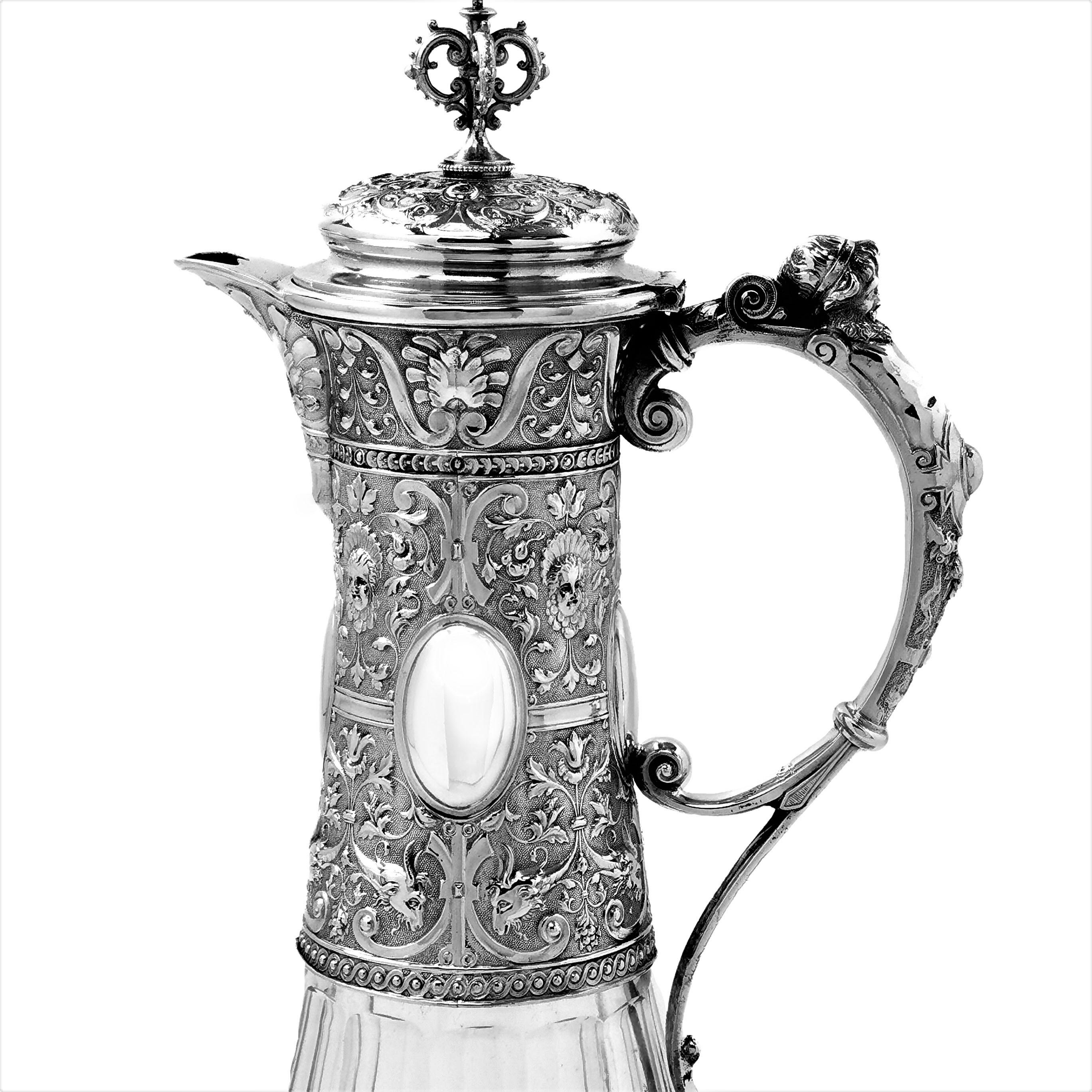 Pair Antique German Silver & Cut Glass Claret Jugs / Wine Decanters, c 1880 1
