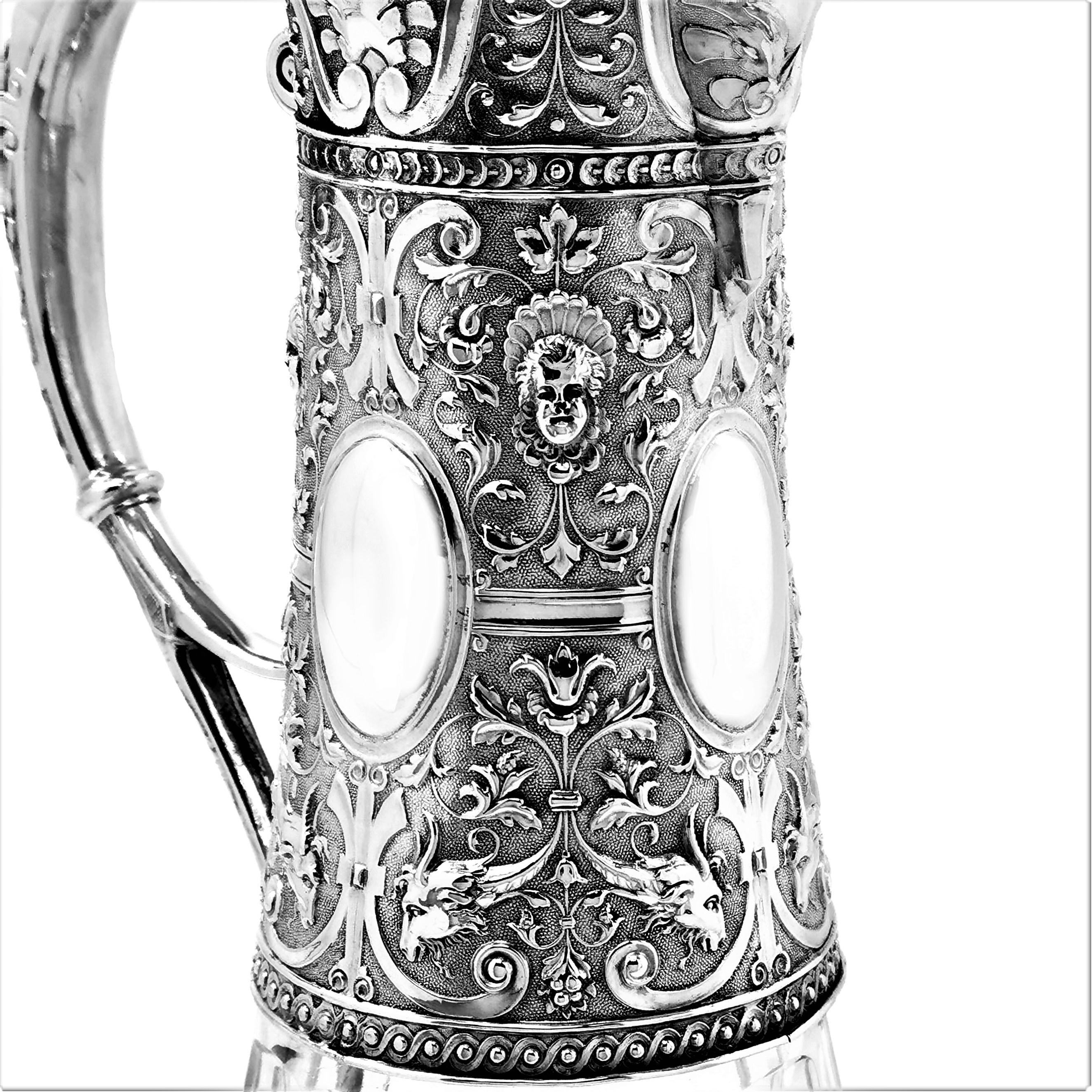 Pair Antique German Silver & Cut Glass Claret Jugs / Wine Decanters, c 1880 3