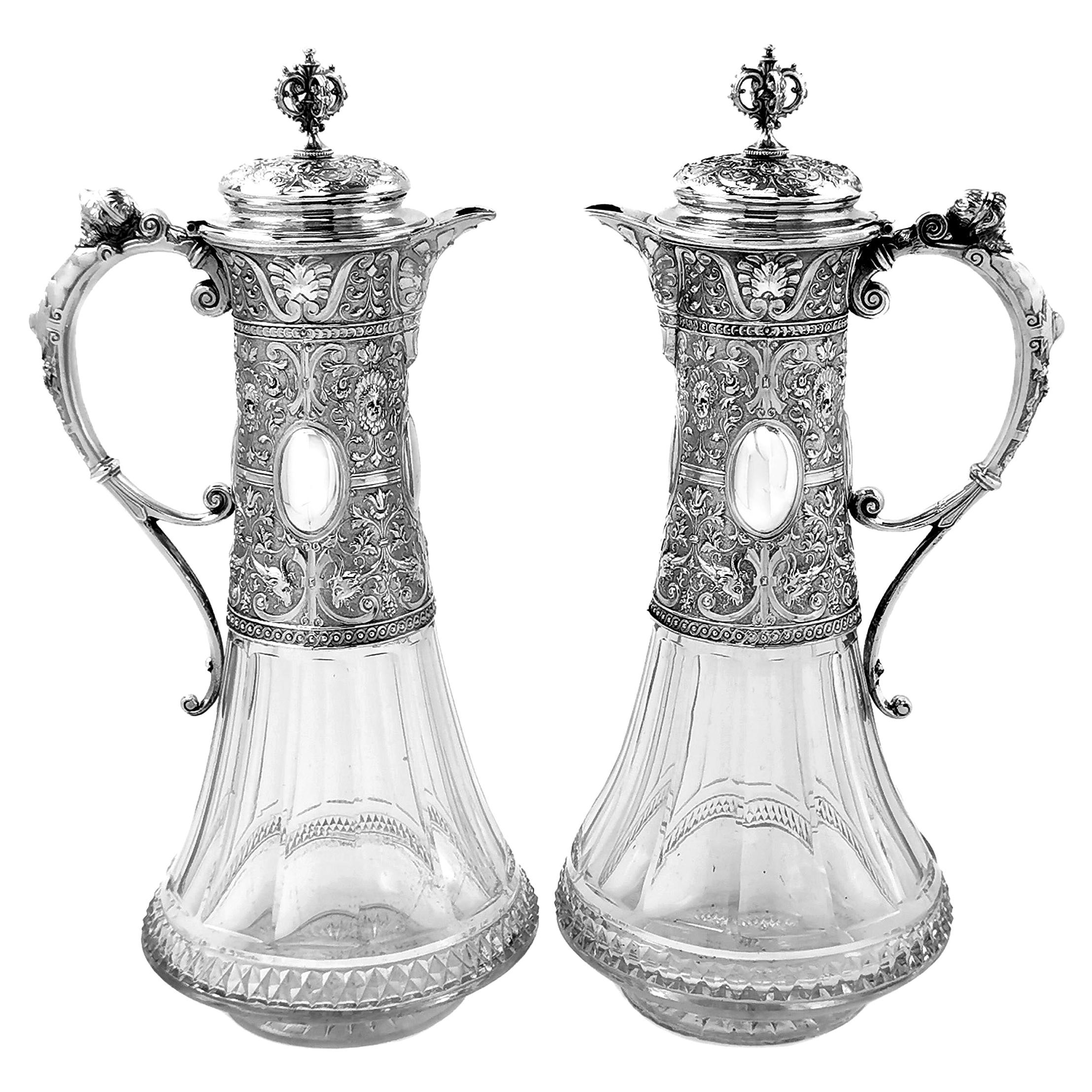 Pair Antique German Silver & Cut Glass Claret Jugs / Wine Decanters, c 1880